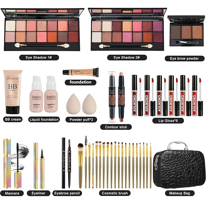 All in One Makeup Kit for Women Full Kit,Makeup Set for Women, Includes Eyeshadow Palette/Foundation/lip gloss/Eyeliner/Mascara/makeup Brush,Makeup Gift Set for Christmas & Birthday&Holiday&Everyday.