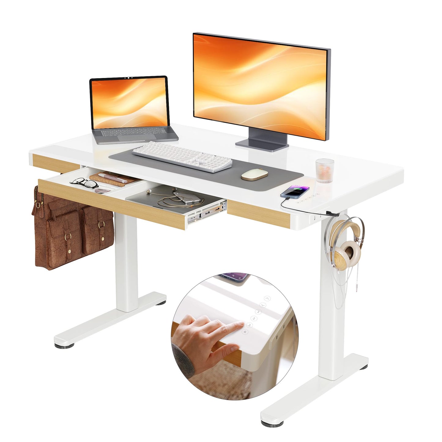 Claiks Touch Screen Glass Standing Desk with Drawers and USB Ports, 48×24 Inch Adjustable Stand Up Desk, Quick Install Home Office Glass Top Computer Desks, White
