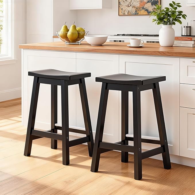 PayLessHere Bar Stools Set of 2, Wooden Saddle Stools 24 Inch Heigh, Bar Chairs Seat with Footrests and Industrial, Kitchen Counter Stools for Restaurant, Bistro Bar and Home Dining