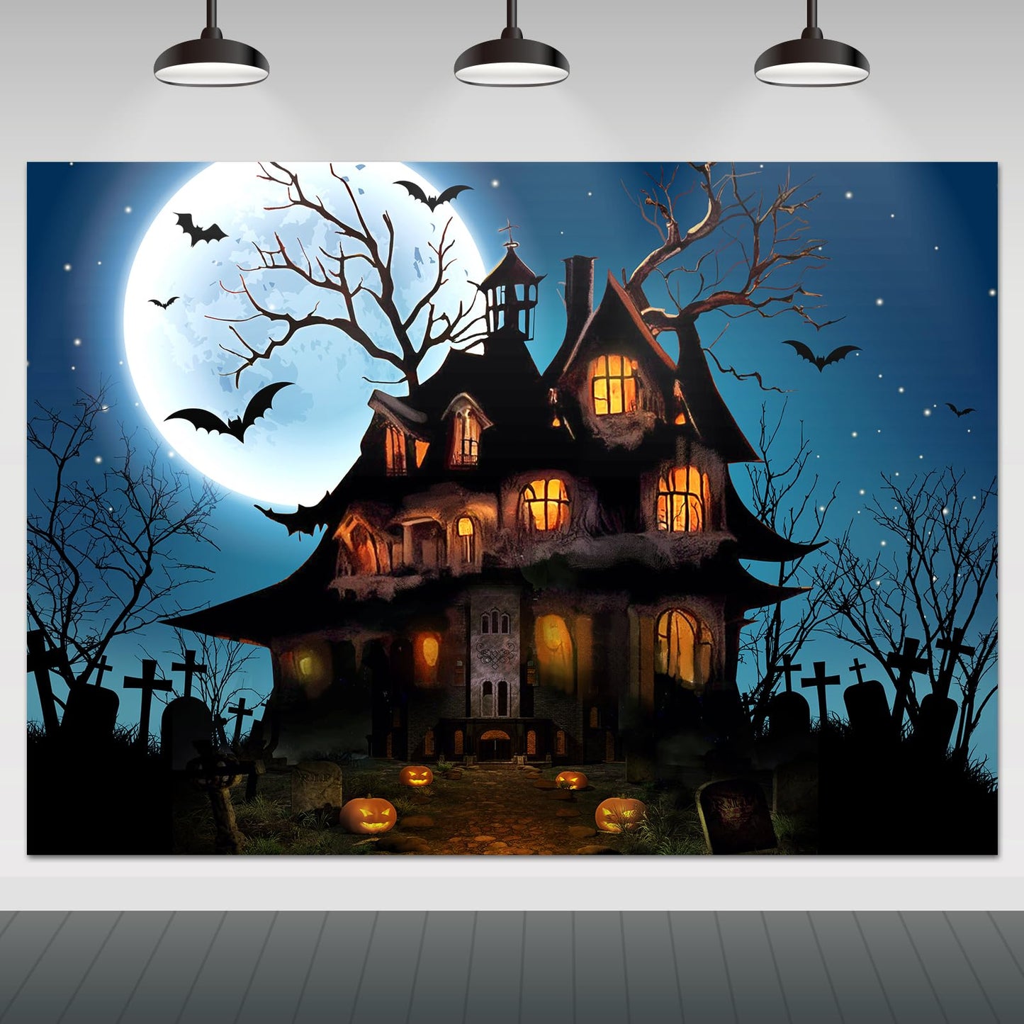 Mocsicka Halloween Backdrop For Photography Blue Night Moon Haunted House Background Spooky Cemetery Hollween Costume Party Deco