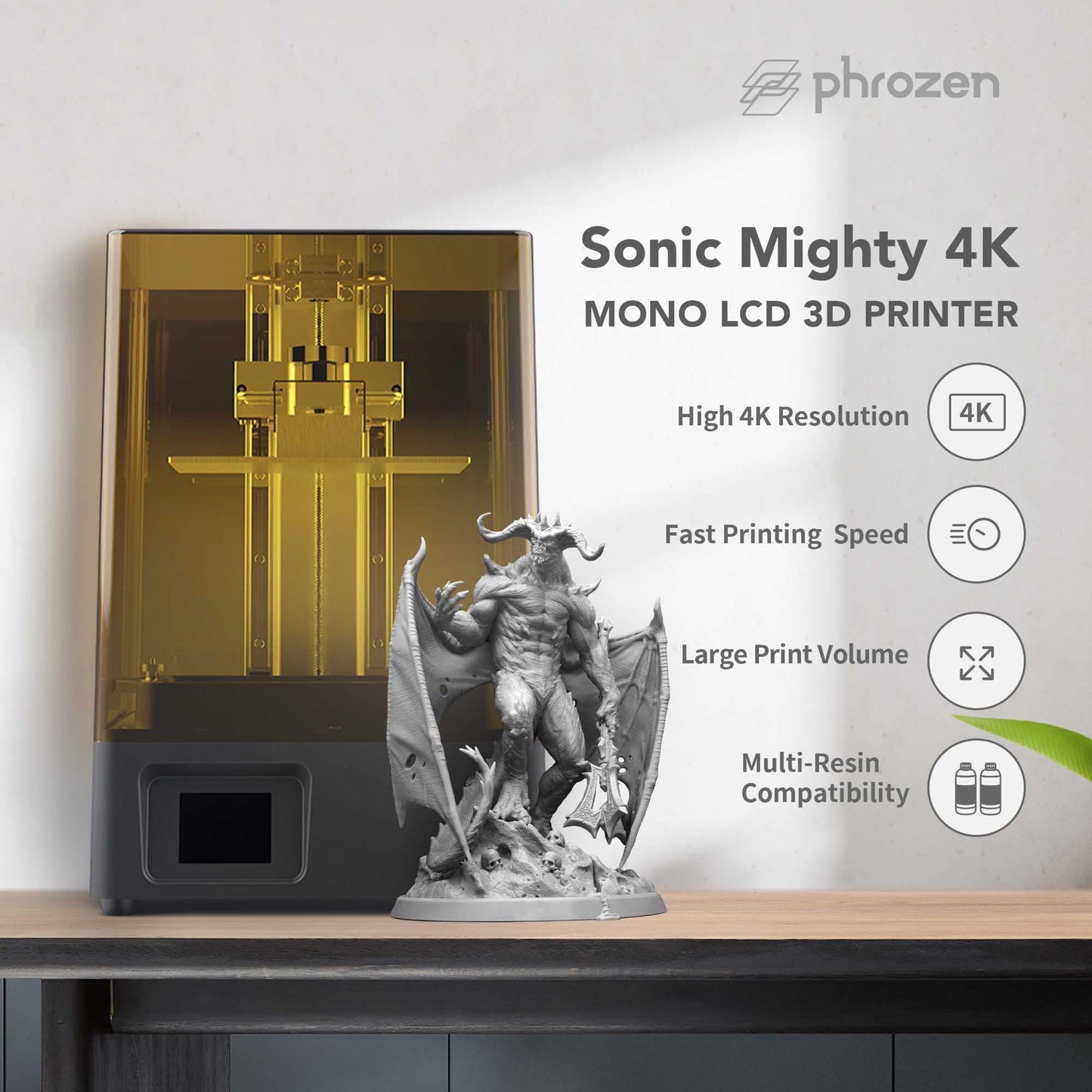phrozen Sonic Mighty 4K LCD Resin 3D Printer, 9.3" Monochrome LCD, Tabletop 3D Resin Printer with 52µm XY Resolution, 7.9 * 4.9 * 8.7 Inch Printing Volume for Models, Miniatures and Action Figures