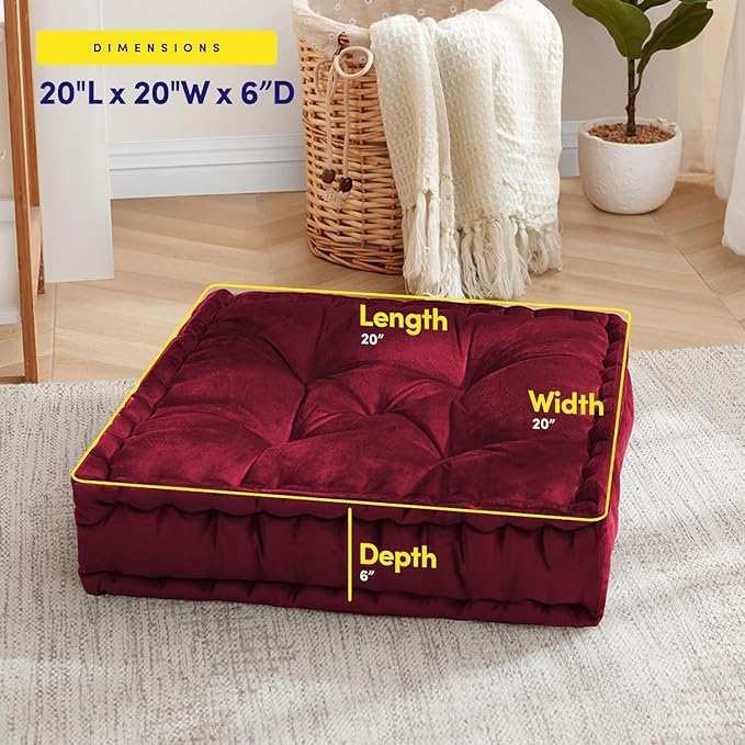 Floor Pillow Large Square Tufted Decorative Cushion 20" x 20" Faux Velvet Fabric Ultra Thick Fill for Kids and Adults, 2 Pack, Burgundy Red