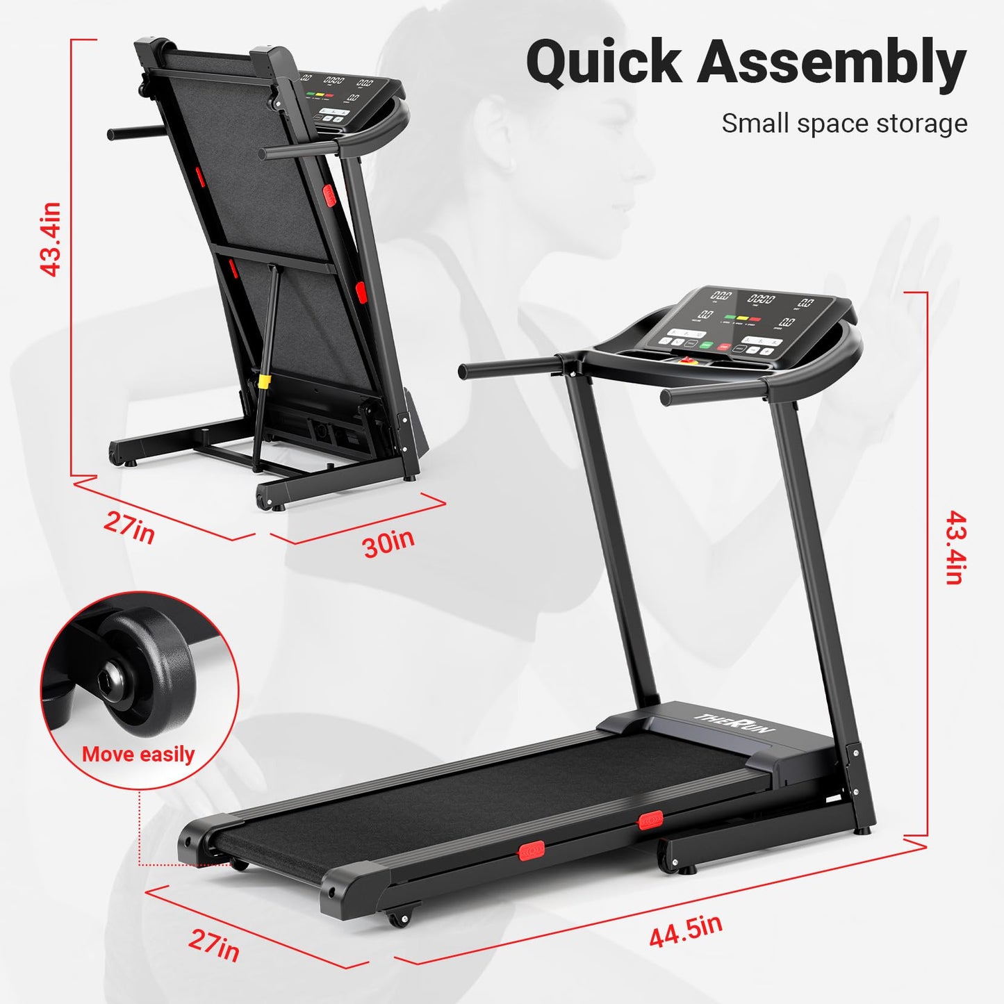 THERUN Incline Treadmill, 0-12% Auto Incline Treadmill for Running and Walking, 300 lbs Weight Capacity, Wide Belt,3.0HP,18" LED Screen, 2 Layers Shock-Absorbing Red