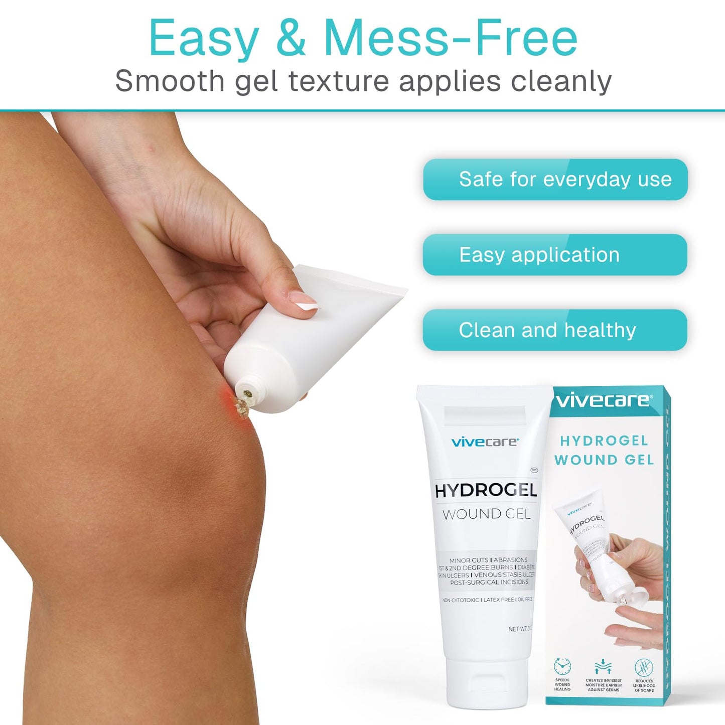 ViveCare Hydrogel Wound Dressing (3 Oz Tube) - First Aid Healing Gel for Burns, Diabetic Ulcers, Cuts, Surgical Incisions, Debridement, Open Wounds - Soothing Skin Repair Cream Ointment (1)