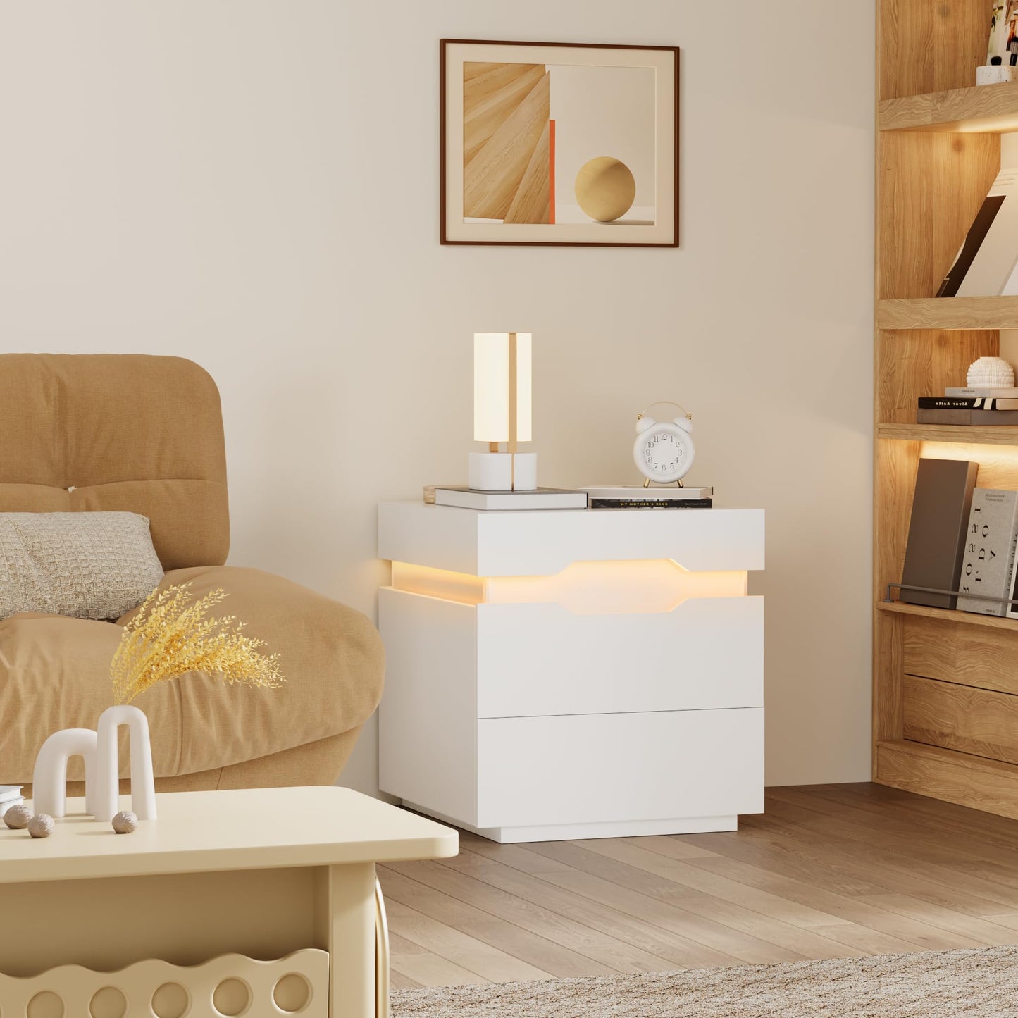 YESHOMY LED Nightstands Set of 2 with Charging Station and Sliding Top, Side Table with Large Capacity, Bedside Table with 2 Drawers, Modern Endtable for Bedroom, Pure White
