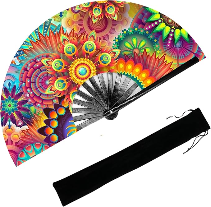 YKuzLx 13‘’ UV Glow Large Rave Fan for Men Women, Decorative Folding Hand Fan for Party, Home Decoration, Gift, Music Fest...