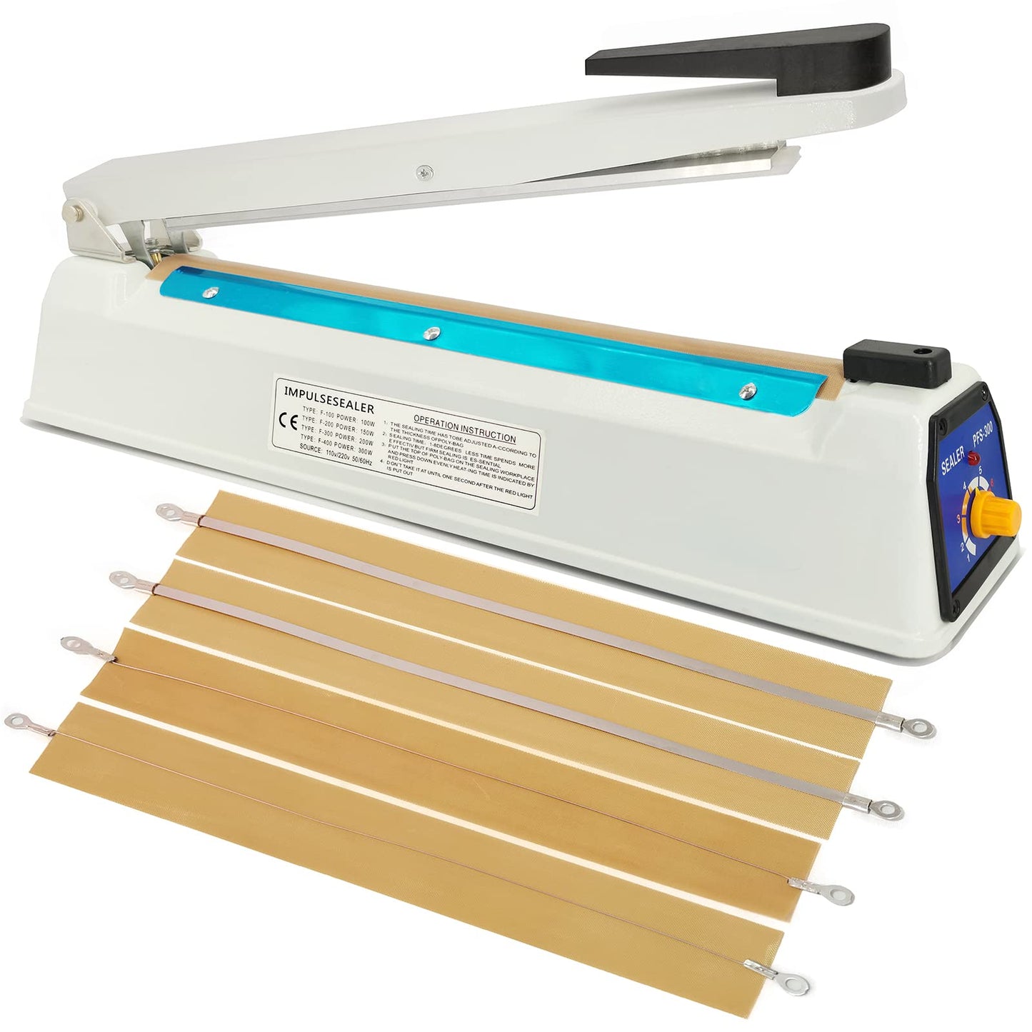 Impulse Heat Sealer 12 Inch 5mm Mylar Bag Sealer, Iron Shell Sealer, Plastic Bag Sealer Machine, with 4 Replacements Kit (2 Cutting Lines Included)