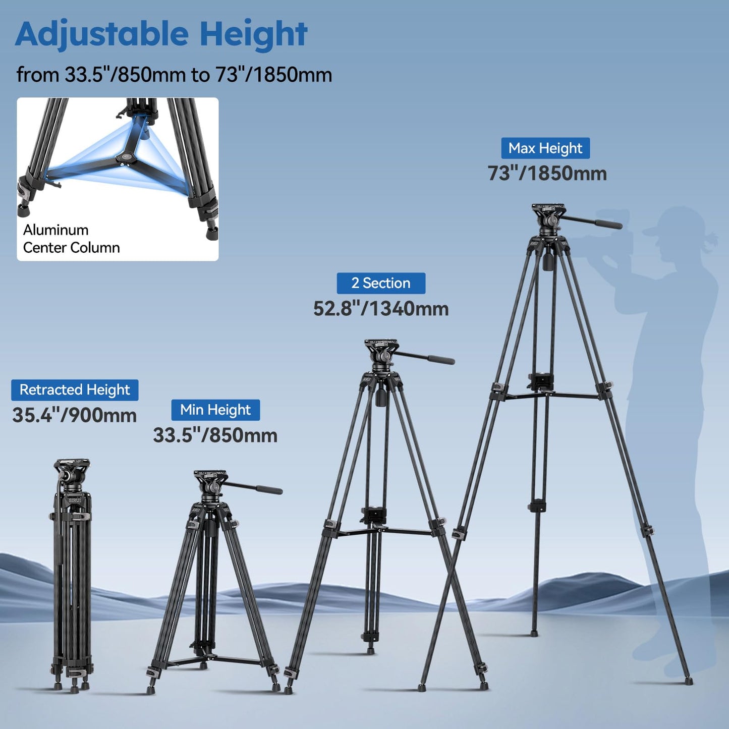 SIRUI Quick Release Carbon Fiber Video Tripod, 73" Heavy Duty Tripod with Fluid Head and One-Step QR Plate Locking System, Professional for DSLR Cameras Camcorders, Max Load 33lbs / 15kg, AVT-12