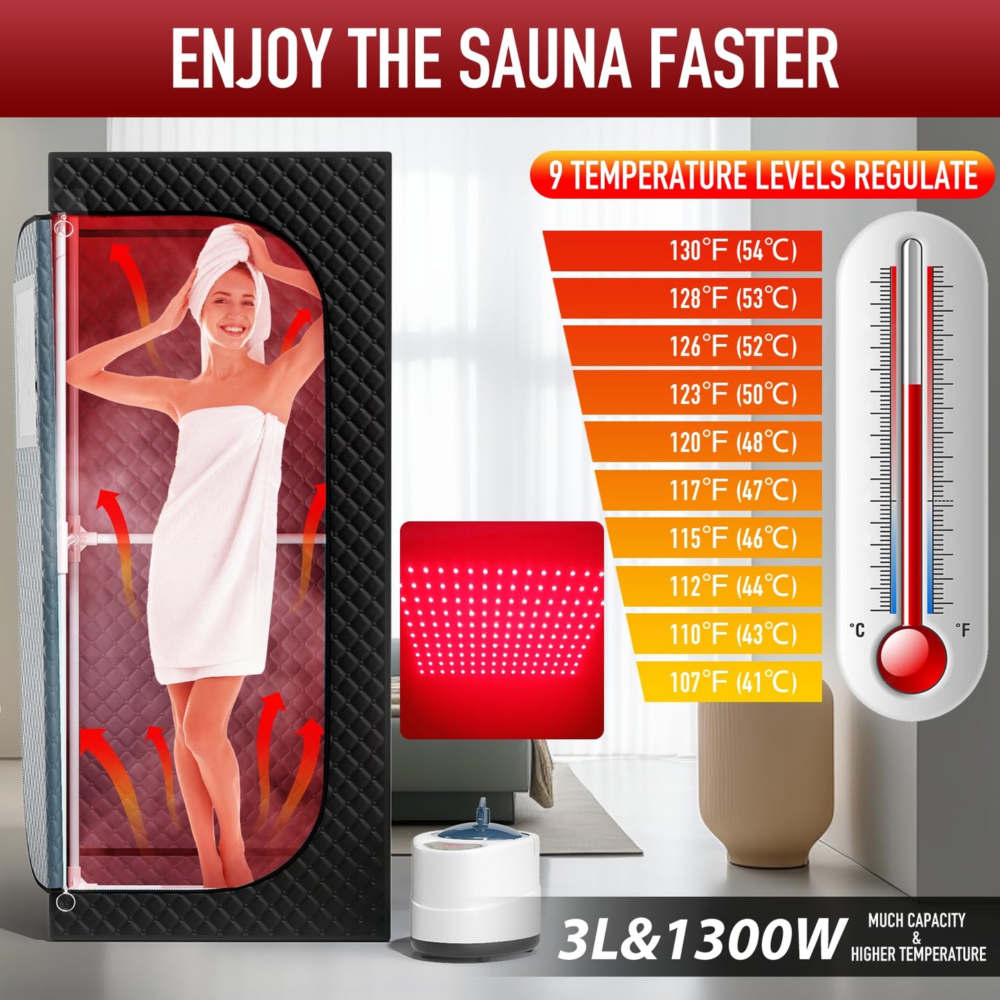 ISIDO Upgraded Infrared Steam Sauna with 660nm Red Light Therapy & 850nm Infrared Light Panel, 3L 1300W Steamer, Folding Chair, XXL Portable Sauna Personal Sauna Box Sauna Tent Home Sauna