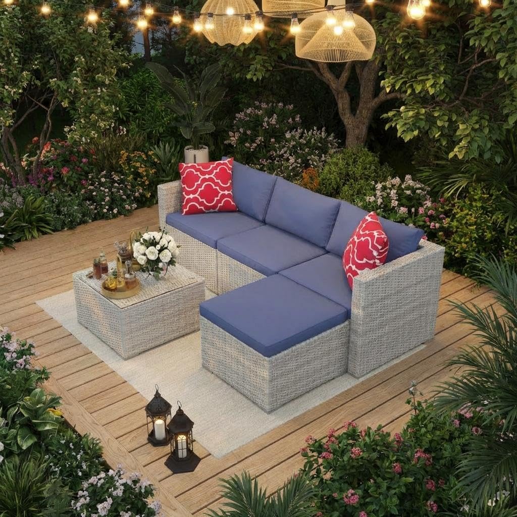 5-Piece Outdoor Sectional Sofa Set, Outdoor Patio Set Sectional Sofa, All-Weather PE Rattan Patio Furniture with Ottoman & Tempered Glass Table for Garden, Backyard, Porch, Poolside (Brown/Blue)