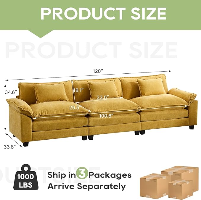 Oprisen 120" Modular Sectional Sofa, Comfy Cloud Couch Sectional Sofa, Chenille Sofa Sleeper Deep Seat Sofa with Throw Pillows for Living Room (Yellow, 120"- 3 Seater)