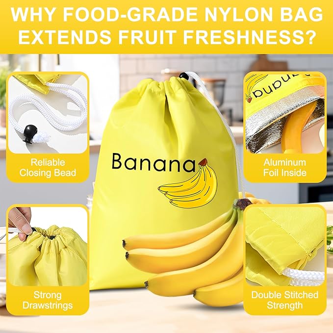2 Pack Banana Storage Bags, Reusable Produce Saver Pouches For Fruits & Vegetables, Foil Lined Food Preserver Bags To Keep Bananas Fresh, Extend Freshness & Shelf Life in Refrigerator