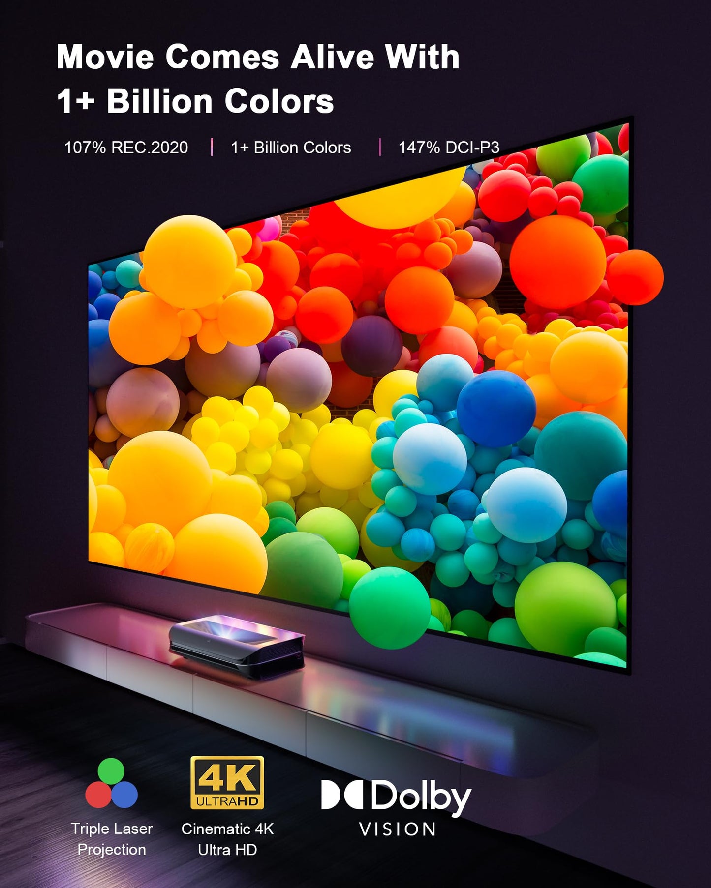 AWOL VISION LTV-2500 4K UHD Ultra Short Throw Triple Laser Projector with Dolby Vision & Atmos, Active 3D, 150", HDR10+, UST Laser TV Projector (Fire TV Stick 4K Max included)