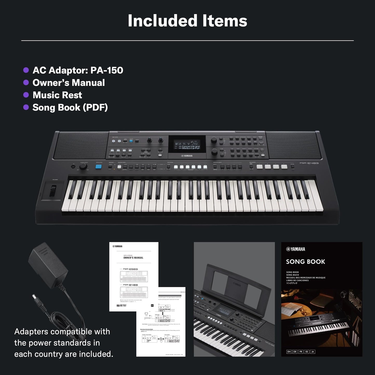 Yamaha PSR-E483, 61-Key Touch-Sensitive Portable Keyboard with Sound, Music Rest and Power Adapter