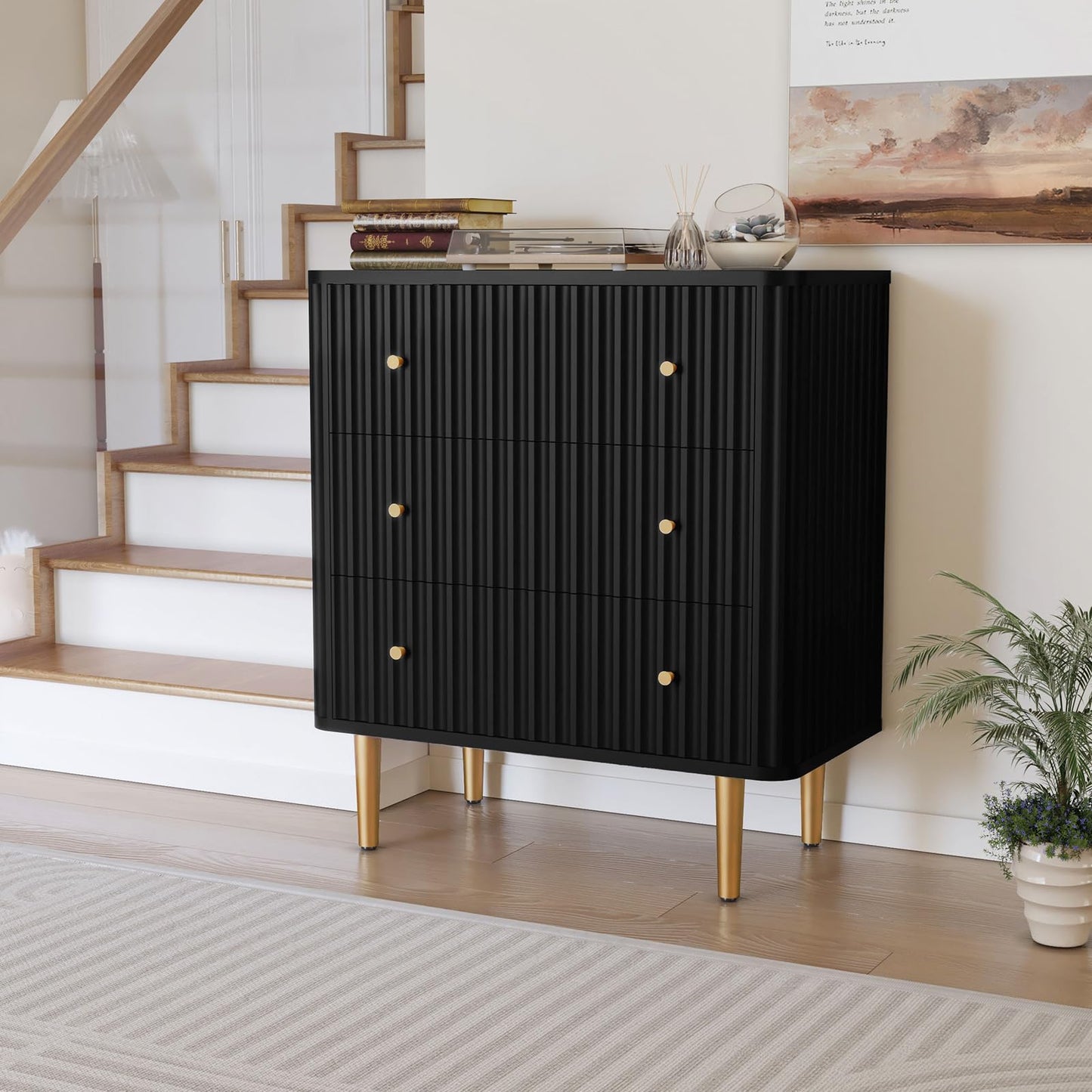 HLR Black Modern 3 Drawer Dresser for Bedroom - Wood Storage Cabinet with Fluted Texture, Spacious Chest of Drawers Organizer for Living Room,Closet,Hallway