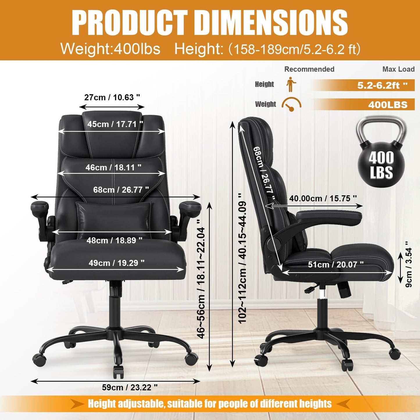 Executive Office Chair with Flip-up Armrests,Ergonomic Computer Desk Chairs,Mid-Tall Back Leather Office Chair 400 Lbs,Lumbar Support Swivel PC Chair with Rocking Function