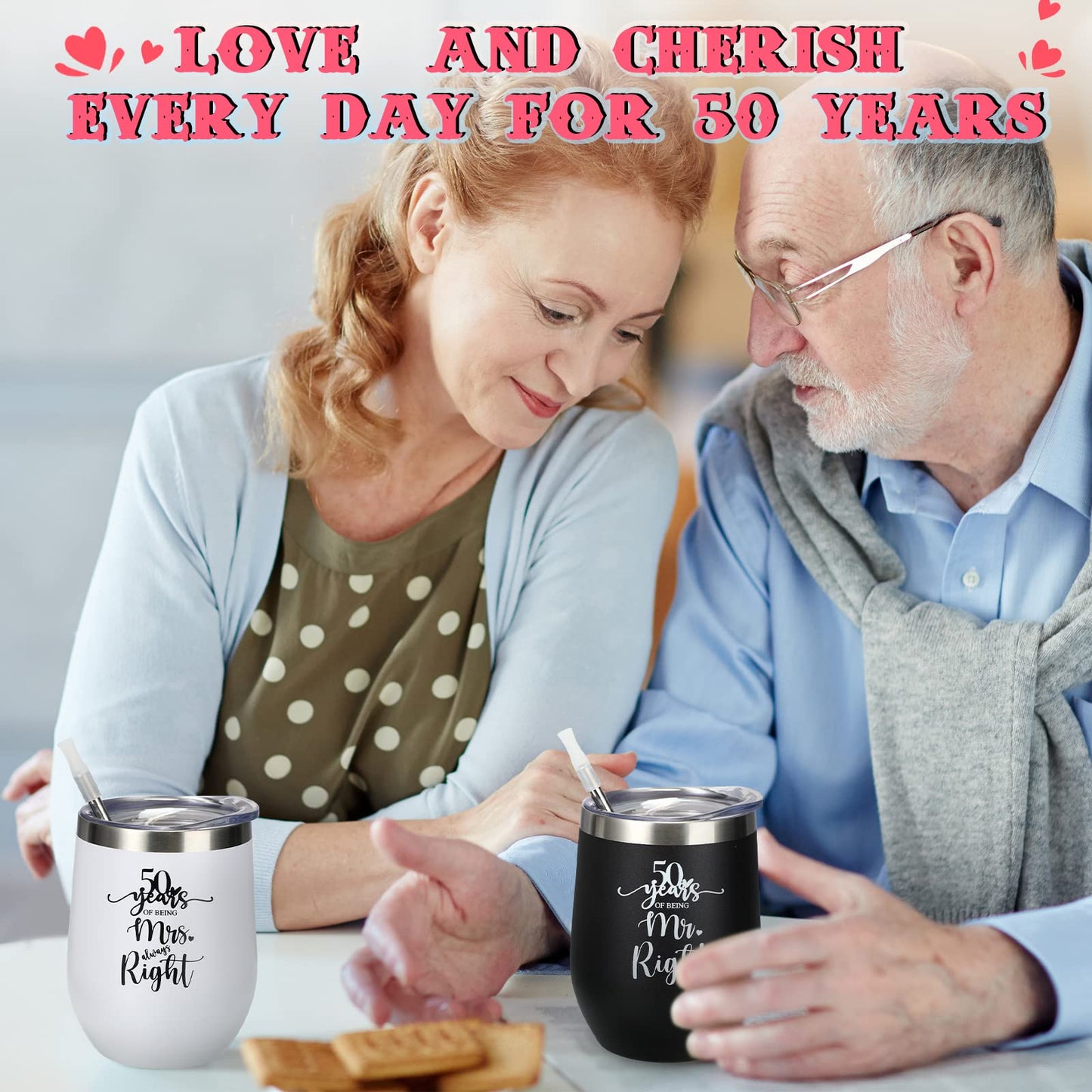 3 Pcs 50th Anniversary Wedding Gifts for Couple Parents Husband Wife Golden Wedding 50th Years of Marriage Heart Keepsake 2 Pcs Insulated Mr and Mrs Wine Glasses Grandparents Gifts from Grandkids