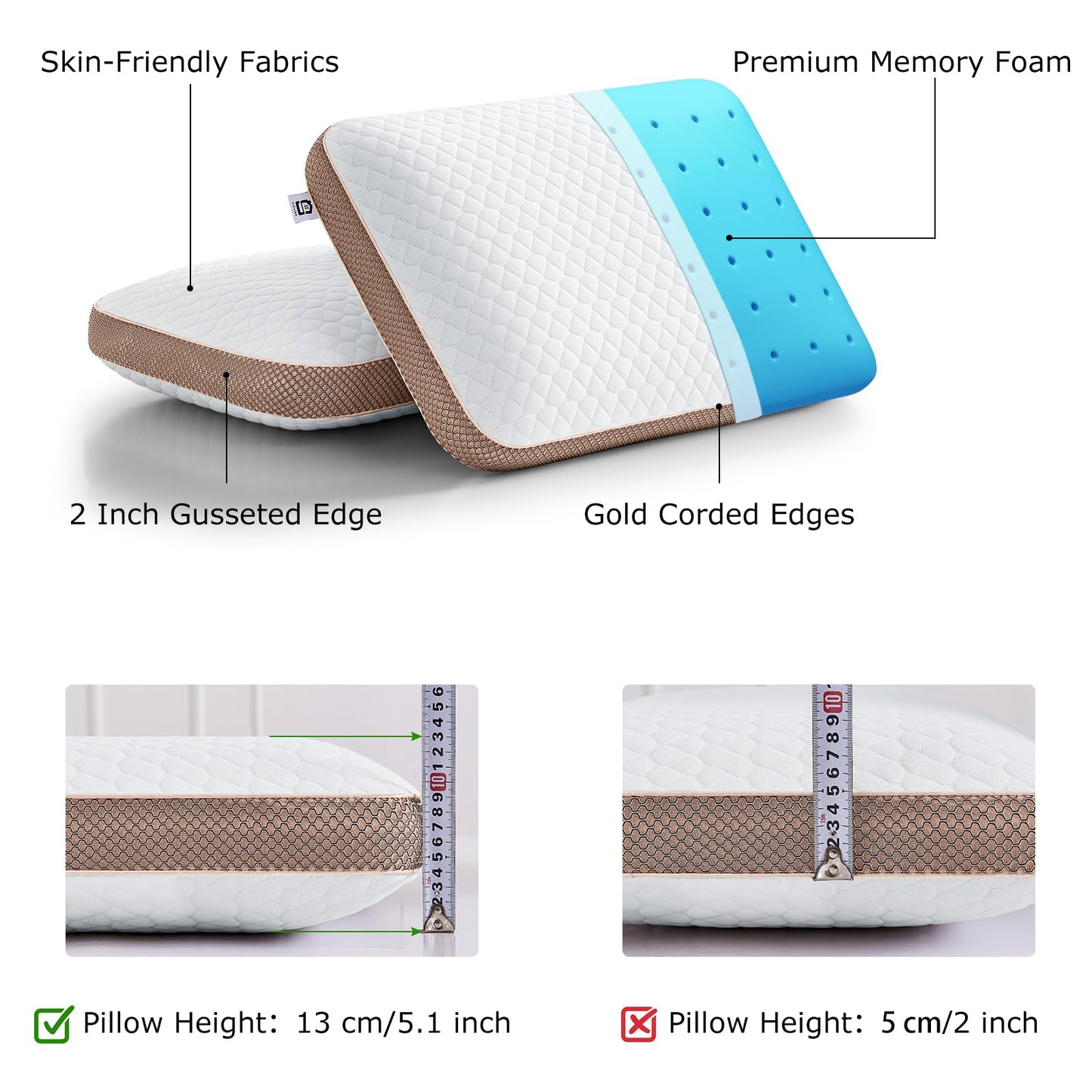 Sofslee Memory Foam Pillows Standard Size Set of 2, Medium Firm Pillow for Sleeping, Orthopedic Bed Pillow for Side, Back Sleepers, Ventilated Gel Foam Pillow with Washable Cover, 23.6" x 15.7"x 5.1"