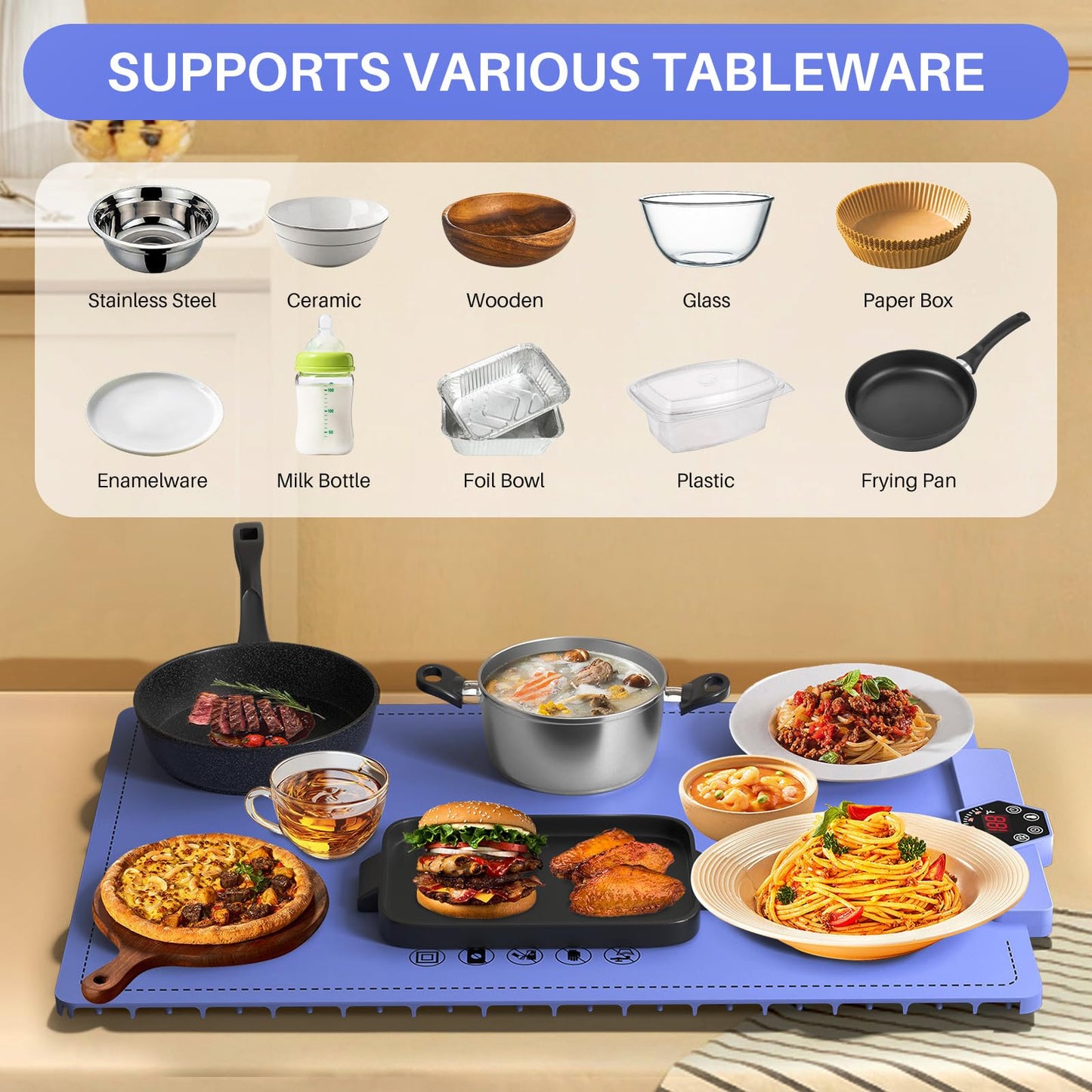 CJC Warming Mat for Food-Electric Warming Tray and Full Surface Heating,5 Temp Settings,4H Timer,Rollable Portable,24H Heating by Appointment,with 2M Cable,for Parties Gatherings Daily Use（Blue）