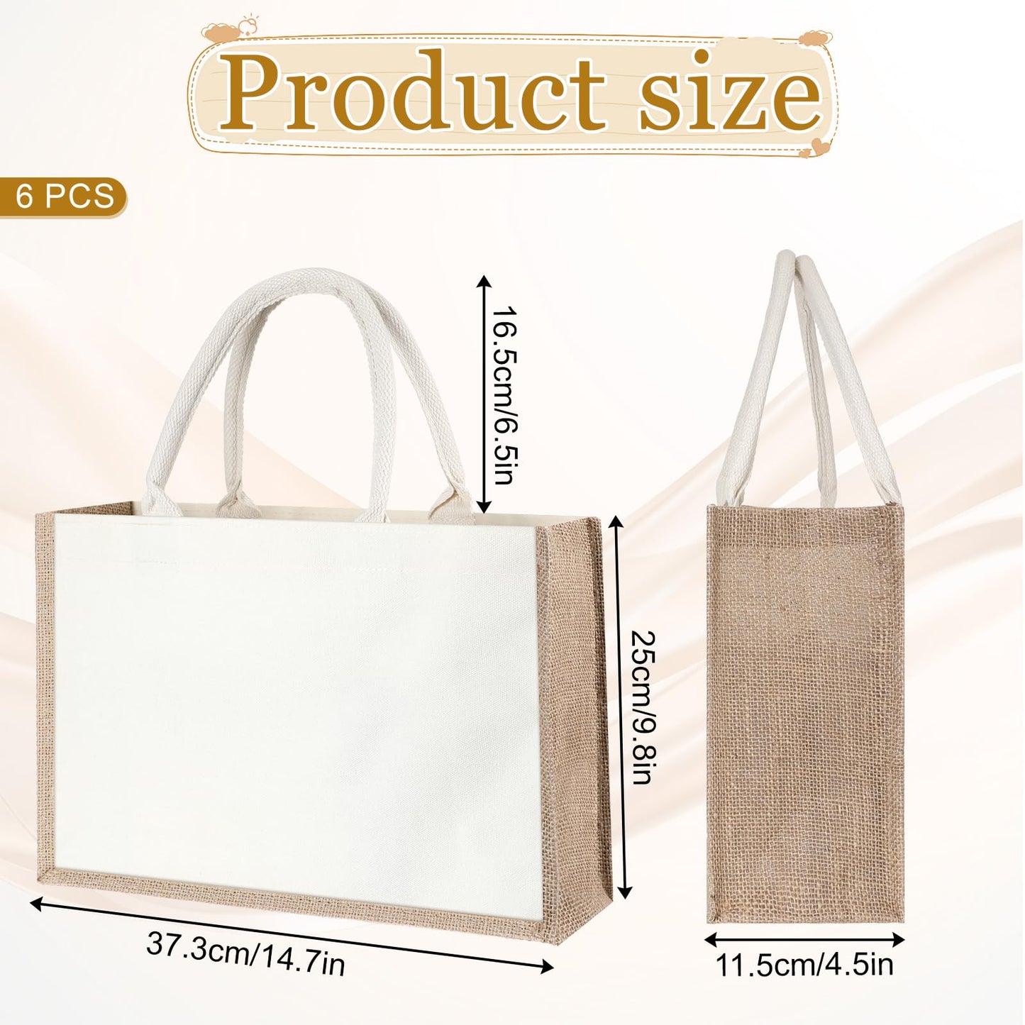 Qulkws 6 Pack Burlap Tote Bags Gift Tote with Handle Reusable Jute Gift Bags Beach Bag Grocery Shopping Bag for DIY Wedding Bridesmaid, 14.7'' x 9.8'' x 4.5''