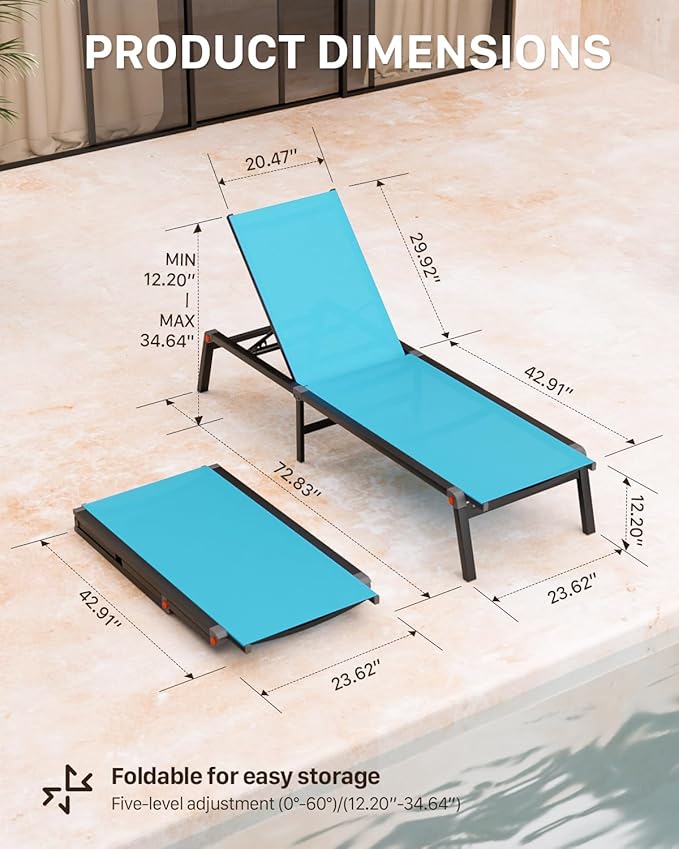 Aluminum Chaise Foldable Patio Lounge Chair Outdoor, Metal Deck Lounger Adjustable 5-Position Recliner Pool Chase Breathable Full Flat Outside Sun Tanning Chairs for Beach/Poolside/Lawn(Blue, 1 Pack)
