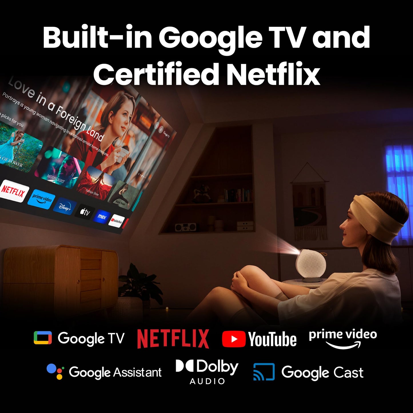 BenQ GV50 | Laser Portable Projector, 500 Lms, Native 1080p, 4K Supported, Ceiling Projection, Tripod Base, Rotating Angle, Google TV, Certified Netflix, WiFi & Bluetooth, Deep Woofer Built in speaker
