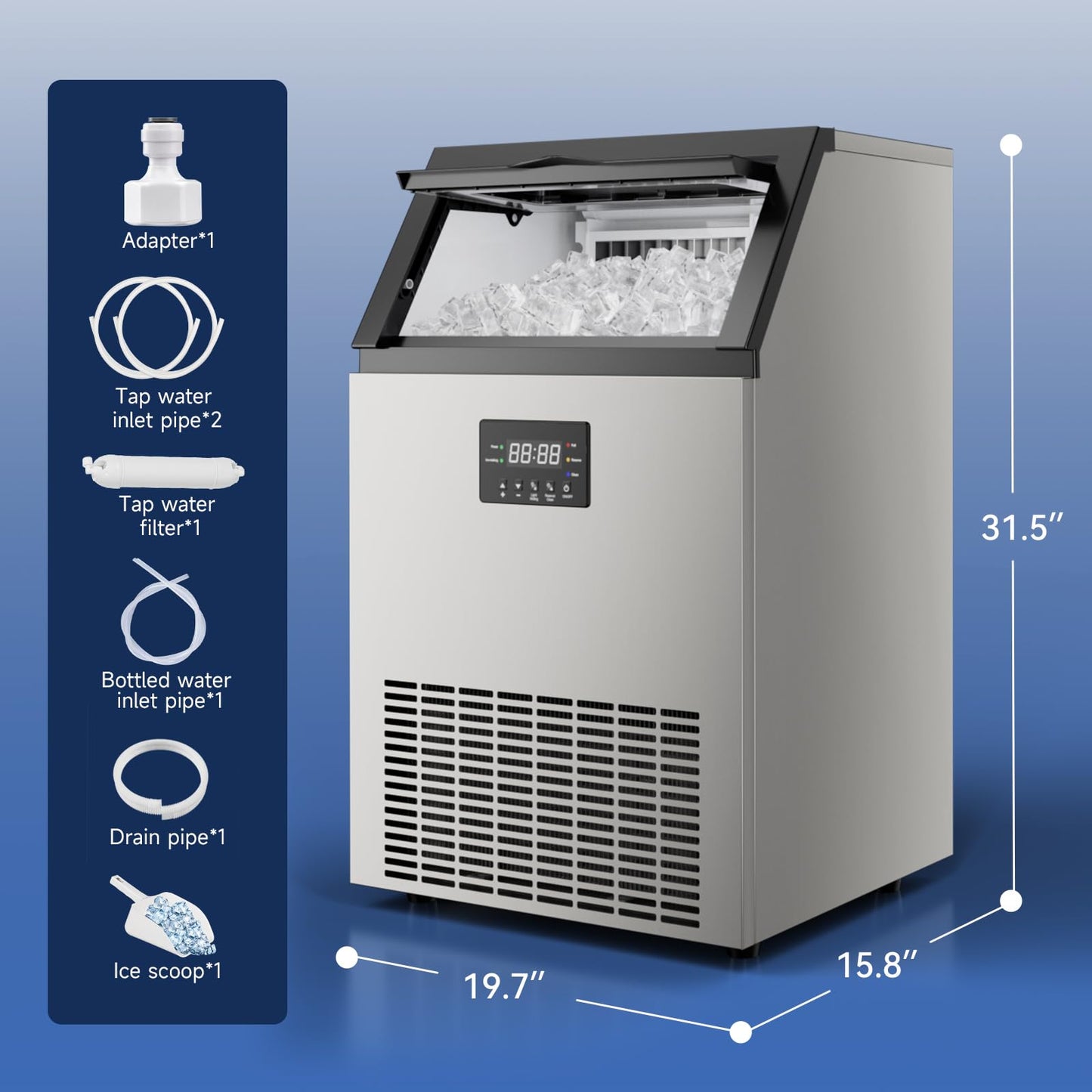 Commercial Ice Maker Machine 200LBS/24H, 40LBS Storage Stainless Steel Under Counter or Freestanding Ice Machine, Self-Cleaning, 55 Cubes per Cycle, Ideal for Bars, Restaurants, and Cafes