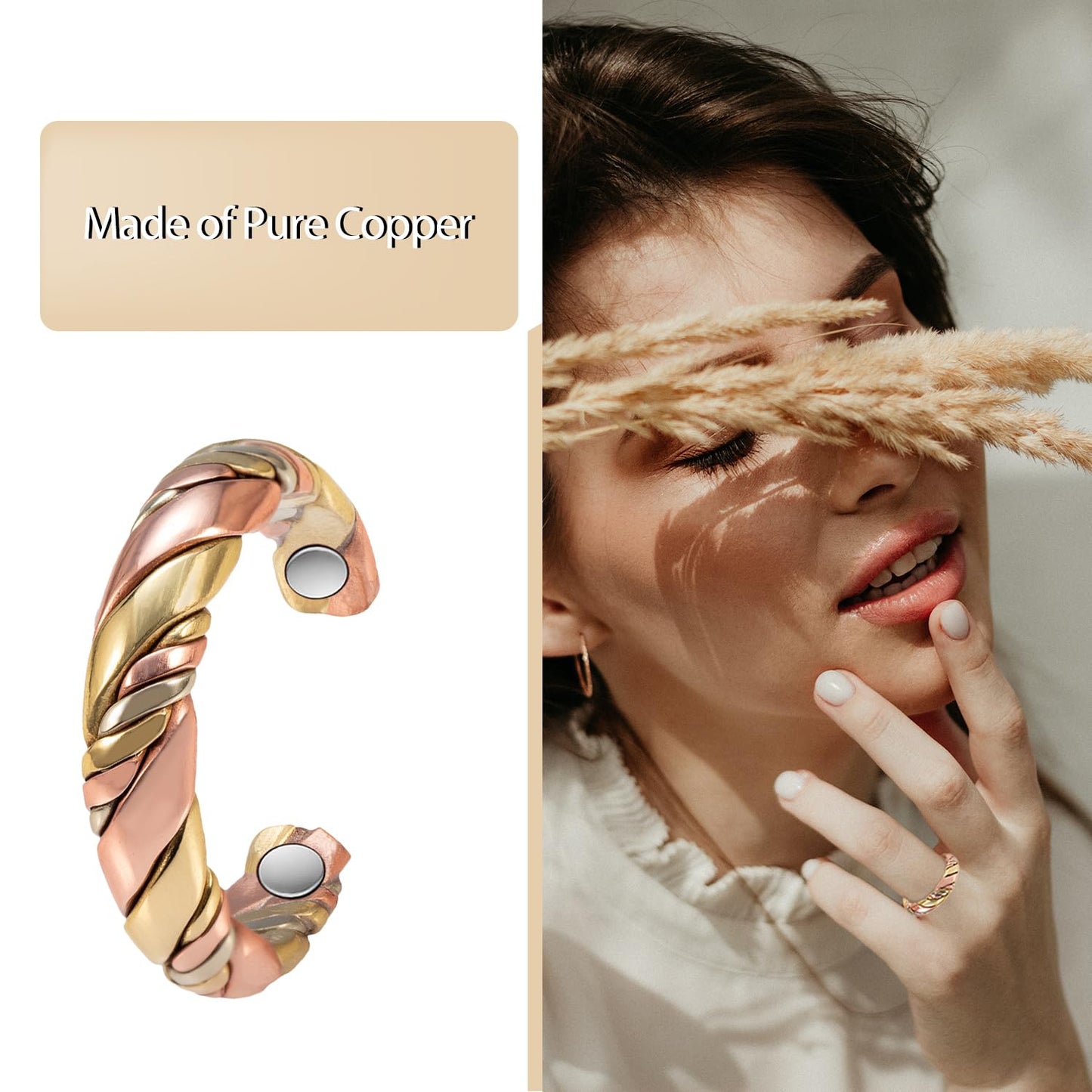 Wollet Tri Tone Braide Copper Magnetic Ring for Women, Magnetic Ring with 3 Colors, 99.9% Solid Pure Copper Ring with Magnets Ad