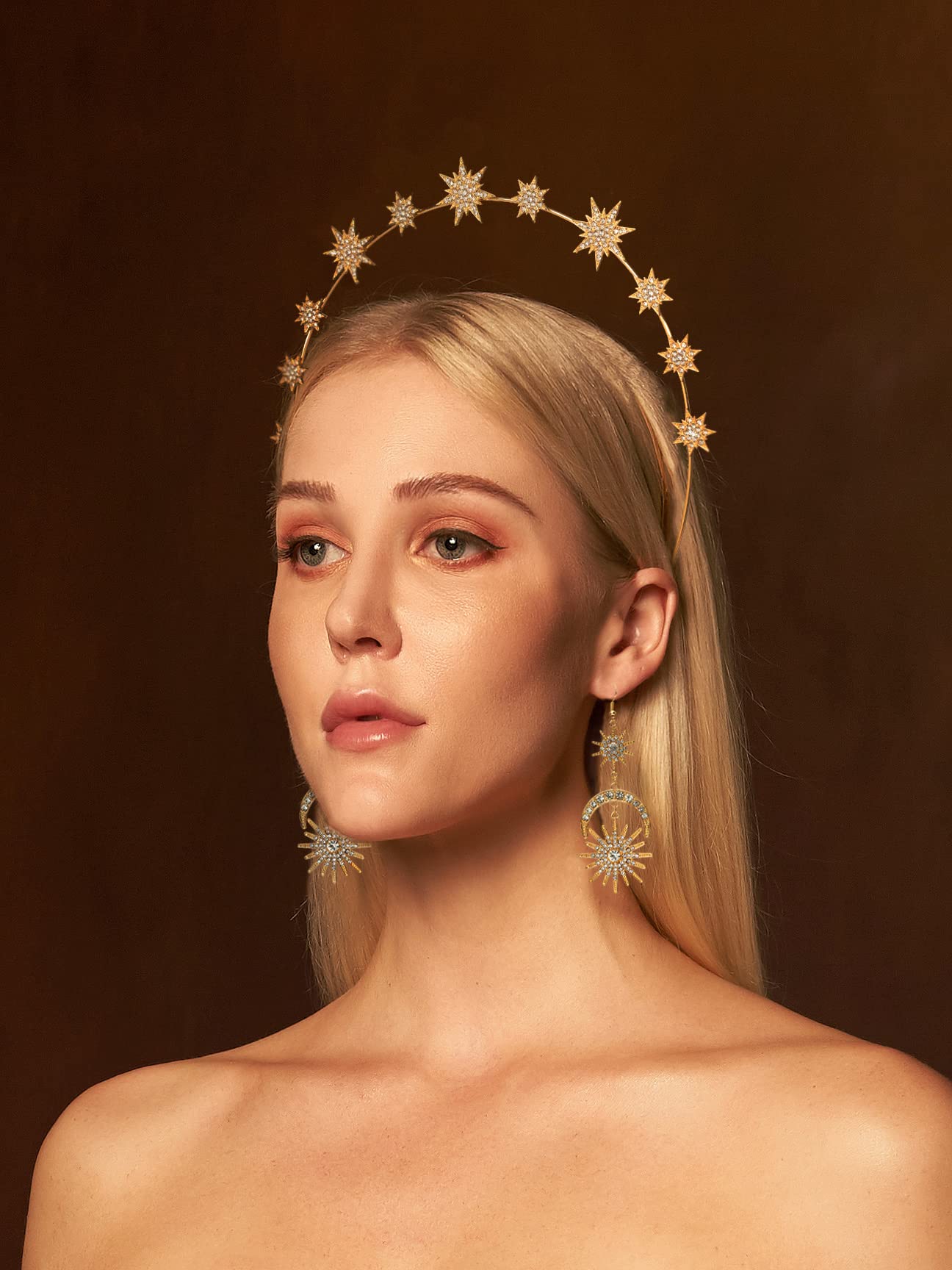 Halo Crown Stars Goddess Crown Halo Headband with Earrings Tiaras and Crowns for Women Boho Bridal Wedding Headpiece
