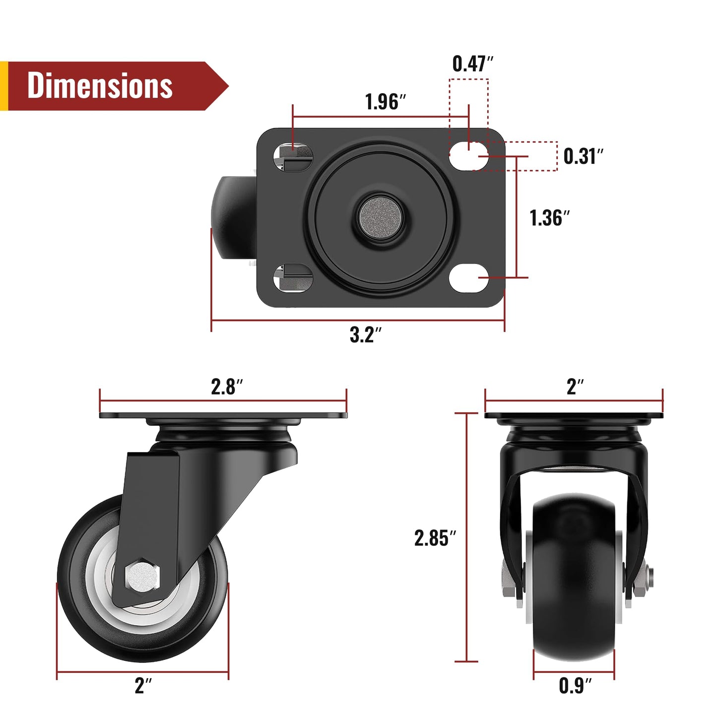 HOLKIE 2 Inch Swivel Caster Wheels - Heavy Duty 600 Lbs Capacity (Pack of 4) - Silent Polyurethane Casters No Brake - Non-Marking Rubber Replacement Wheels for Furniture, Cart, Workbench & Dolly