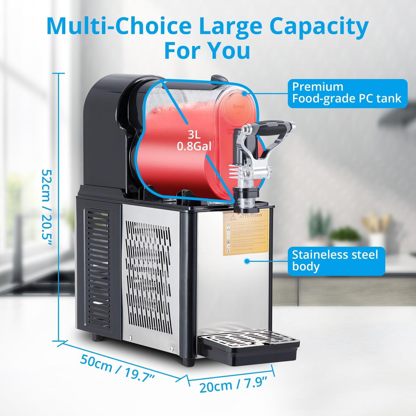 3L/0.8 Gal Commercial Slushie and Icee Machine, 300W Stainless Steel Frozen Drink and Margarita Maker, Self-Cleaning Slushy Machine for Home, Cafes, Restaurants, Smoothies
