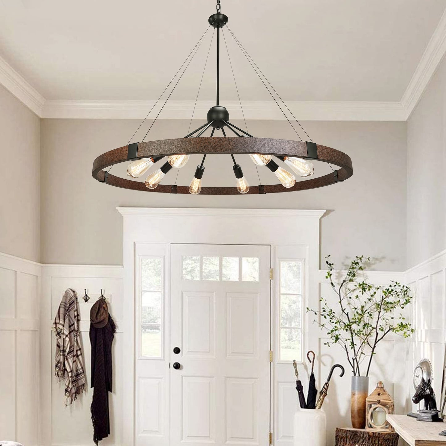 Klgxnrd 38.2'' Large Farmhouse Wagon Wheel Chandelier for Living Room, 8-Light Rustic Round Metal Light Fixtures for Dining Room Entryway Kitchen Island, Vintage Rust and Black Finishes