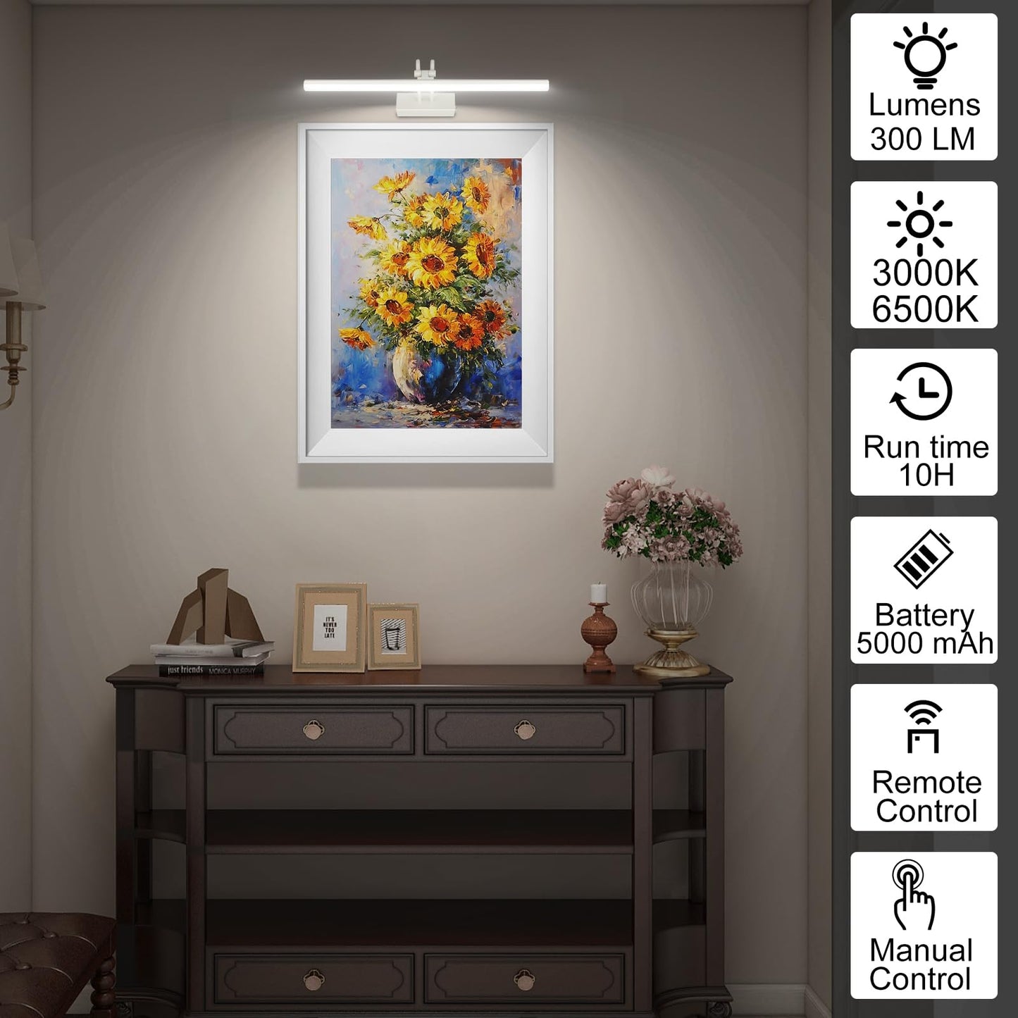 RAIFOOLLY Picture Light,Picture Lights for Wall Cordless,16" Picture Lights with Timer and Dimmable,Battery Wall Lights for Display Gallery Painting Art Frame Portrait-WH