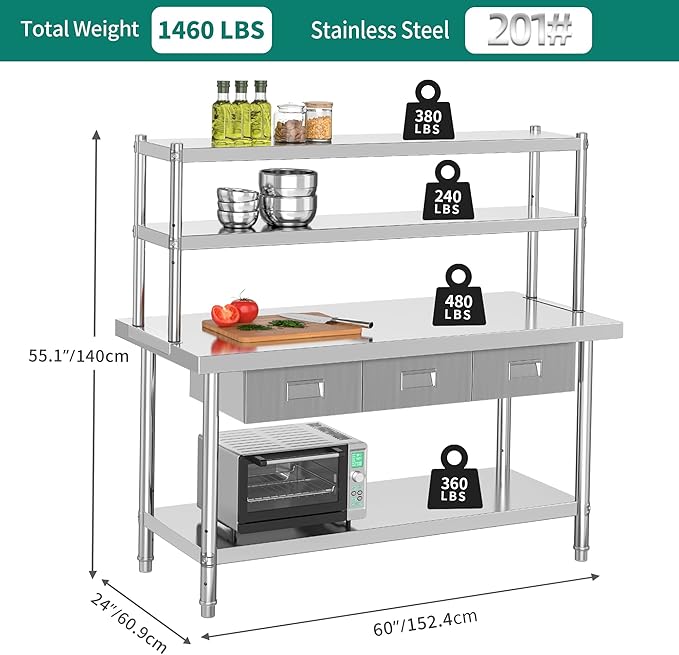 YITAHOME 60" X 24" NSF Stainless Steel Table with Overshelves and 3 Drawers, Work Table with 60" X 12" Shelf & 3 Drawers, Metal Table Prep Table for Commercial Home Kitchen Restaurant Garage Warehouse