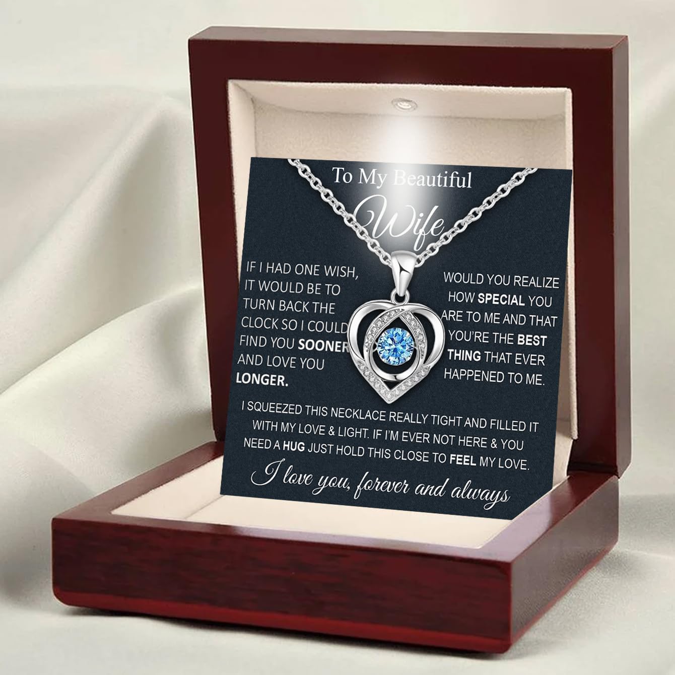 Wife Necklace From Husband To My Wife Necklace Soulmate Necklace For Women Future Wife Jewelry Birthday Gifts For Girlfriend Message Card and LED Box (Heart 03B-Wife Wooden LED Box, 925 Sterling Silver)