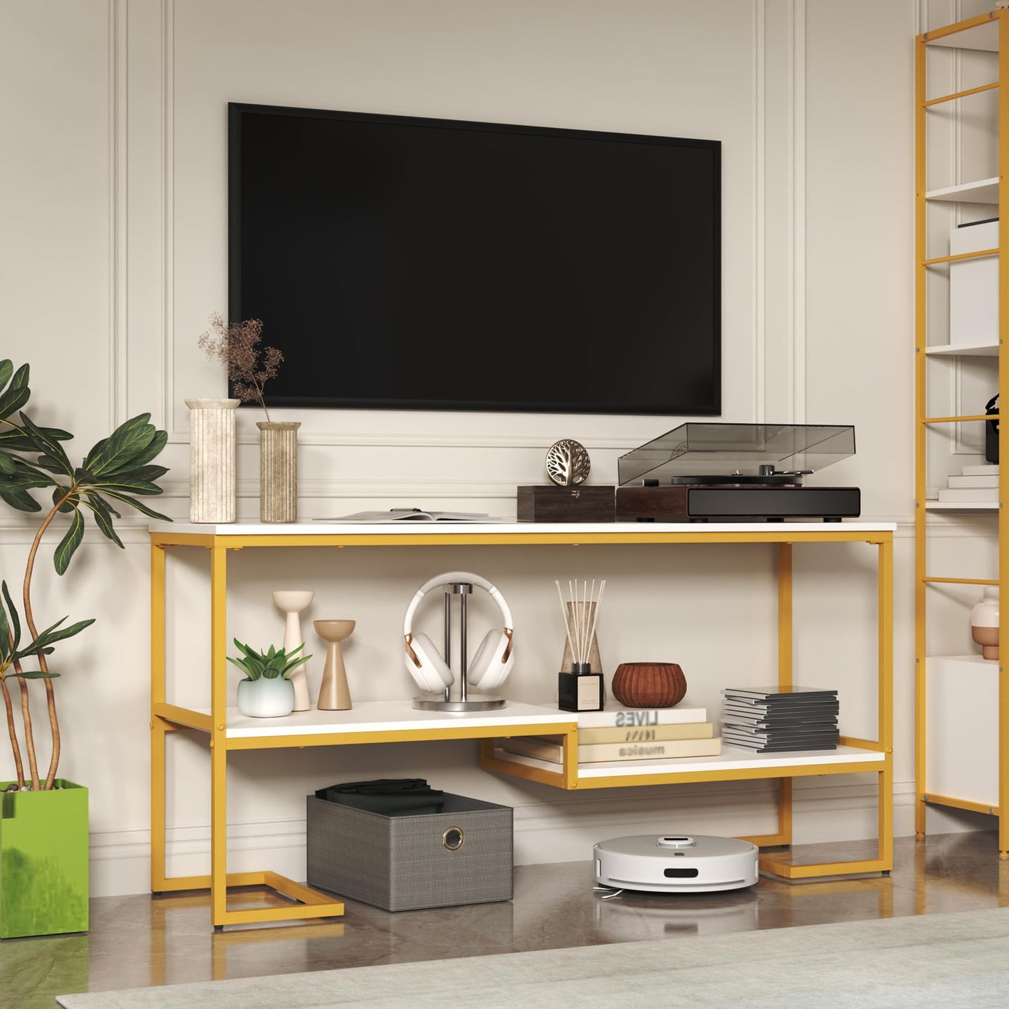 Housoul Console Table, 3-Tier Industrial Entryway Table, 53”L Entrance Sofa Table with Shelves, Hallway, Living Room, Foyer, Corridor, Office, White and Gold