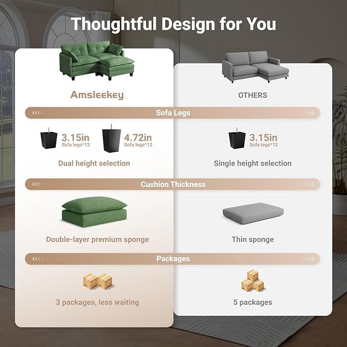 Amsleekey Modular Sectional Sofa, 76.5" L-Shaped Corduroy Comfy Sectional Couches for Living Room, 2-Seater Cloud Couches with 1 Movable Ottoman, Flexible Combination Modern Deep Seat Sofa (Green)