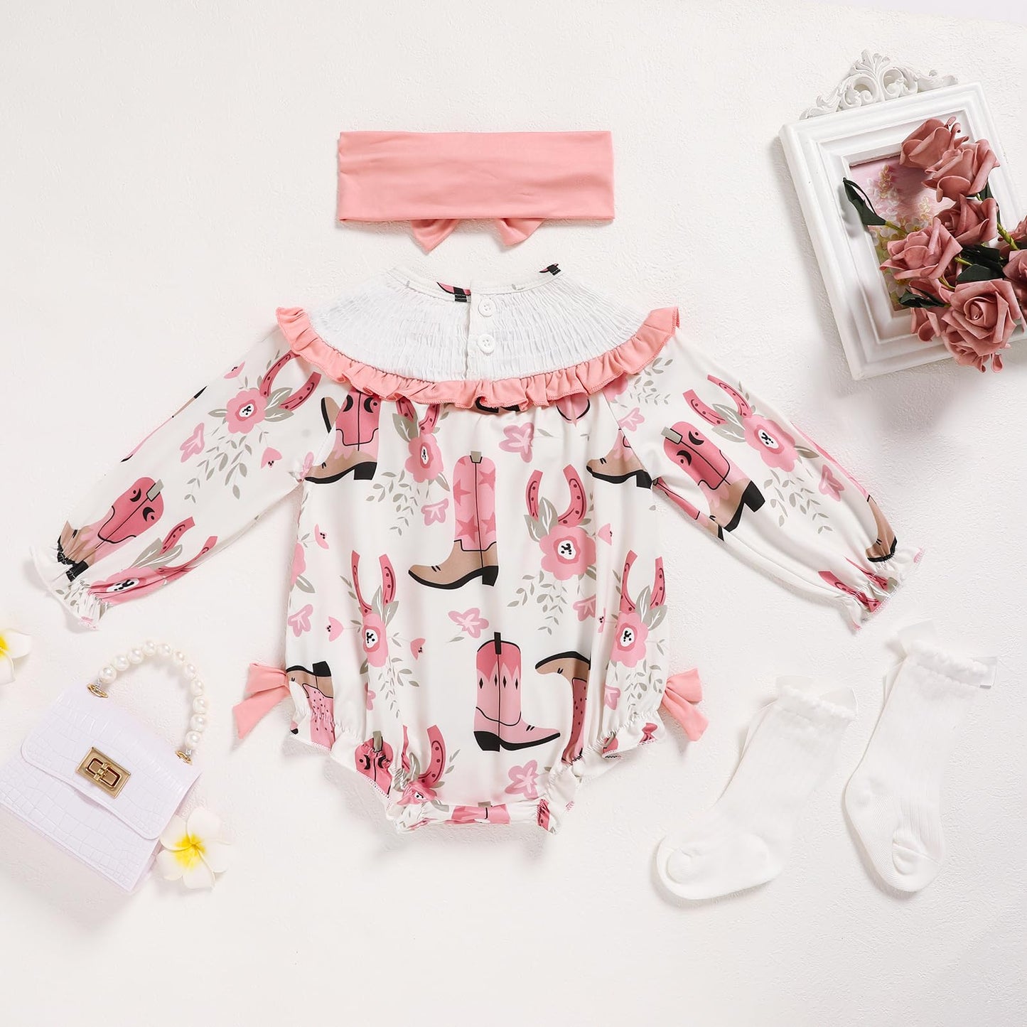 GRNSHTS Baby Girl 1st Birthday Outfits One Year Old Boots Floral Romper Embroidery Bodysuit Cake Smash Clothes(Flesh Pink,12-18M)