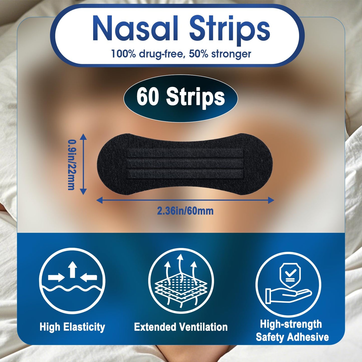 Nasal Strips for Snoring - Extra Strength Nose Strips for Breathing, Black Nose Tape for Sleeping and Sports (60 Ct), Nasal Congestion Relief, Oil & Sweat Proof
