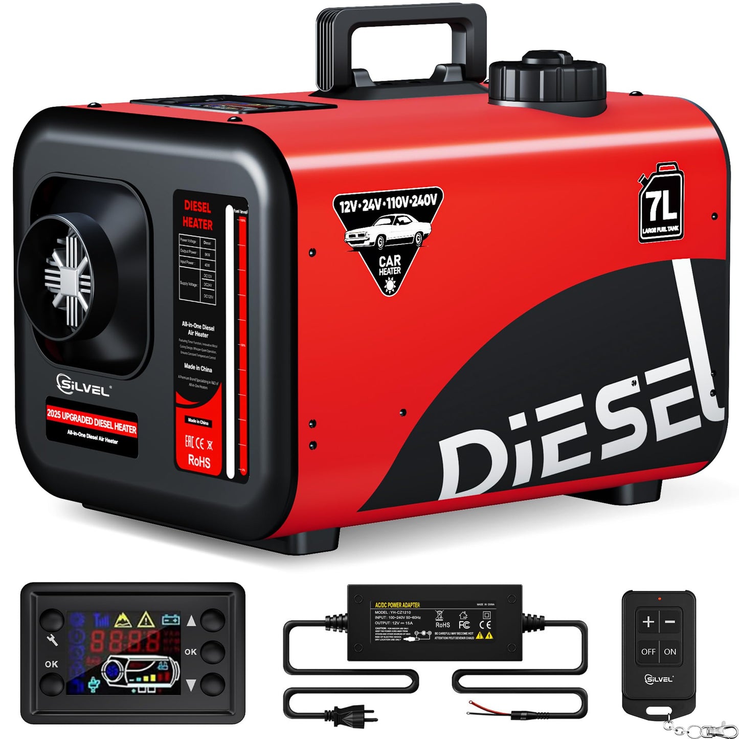 SILVEL Diesel Heater 8KW 110V/12V/24V, All-in-One 7L-8L Portable Diesel Air Heater with LCD Screen, Remote Control, Suitable for Car, Camper, RV, Truck, Home, Garage, Shop, Boat, Red
