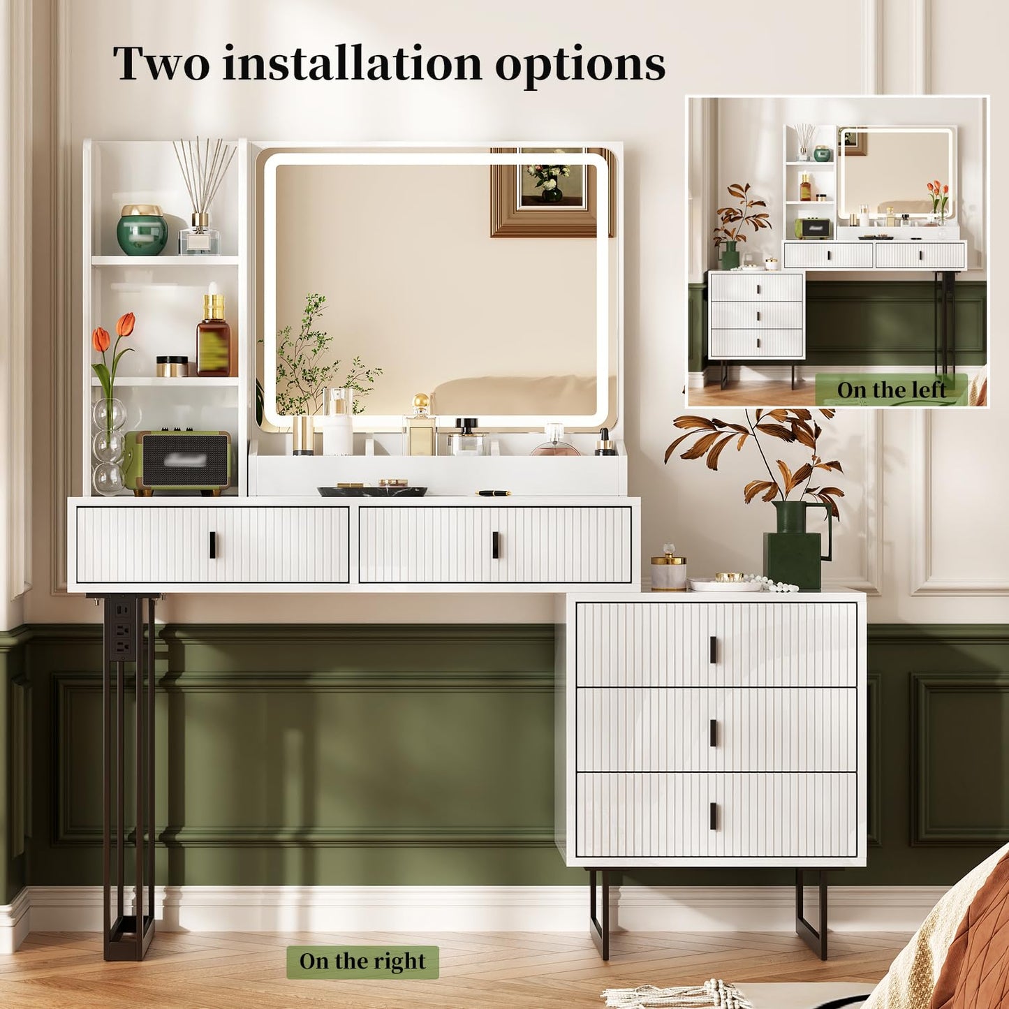 Large Vanity Desk with 3 Color Touch Screen Dimming Mirror, Vanity Desk with Charging Station, Modern Retractable Makeup Dressing Table, Vanity Table With storage shelves and 5 Sliding Drawers, White