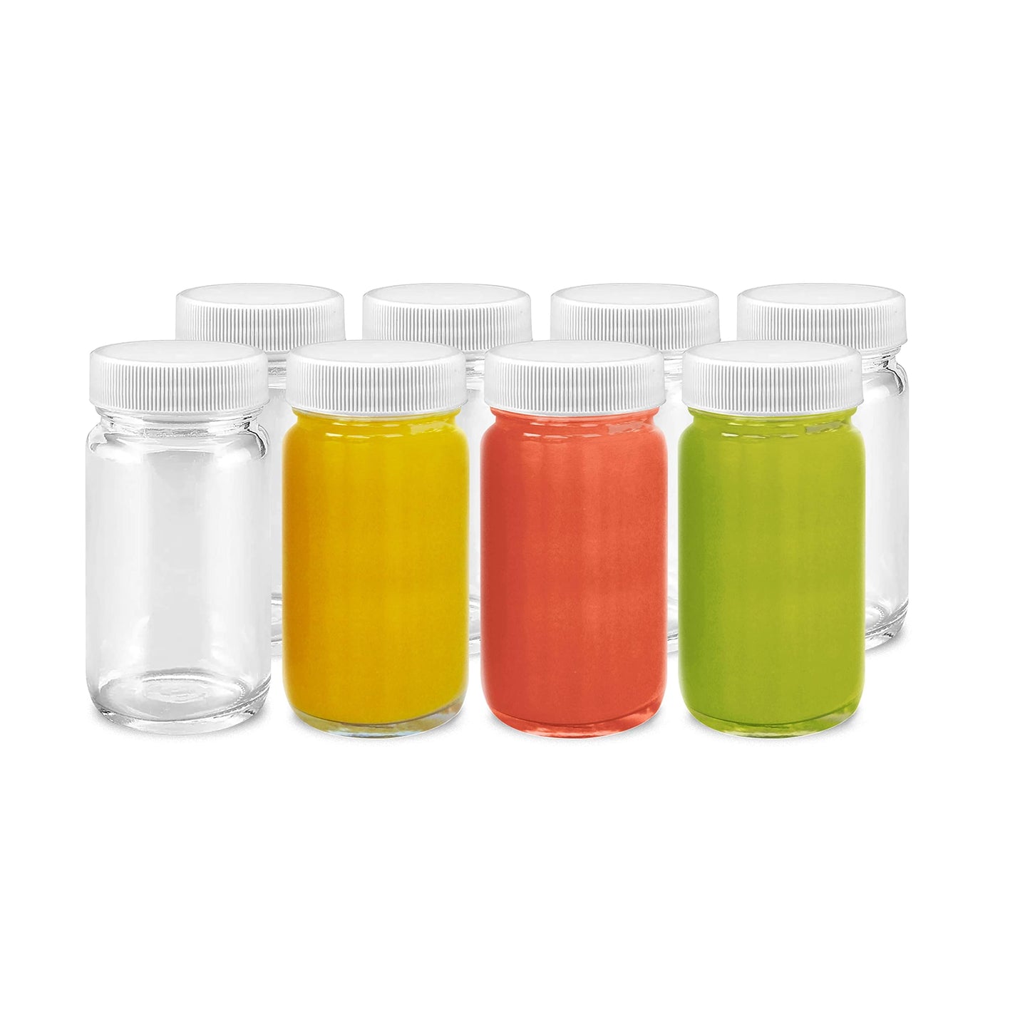 Juice Shot Bottles Set - Wide Mouth for Juicing, Beverage Storage, Liquids, 2 oz, Clear Small Glass Bottles with White Caps, Reusable, Leak Proof, Jars (8 pack)