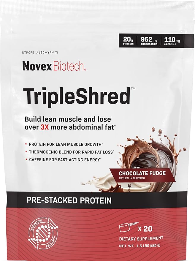Novex Biotech TripleShred Protein - Pre-Stacked Protein - Increase Energy and Focus - Build Muscle - Chocolate Fudge, 20 svgs