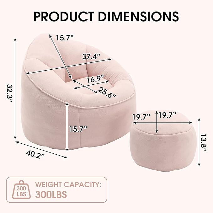 Sudwesto Bean Bag Chair for Adult, Microfiber Upholstered Bean Bag Sofa with Petal Back, Shell-Shaped Beanbag Chair with Footstool, Memory Foam Stuffed Lazy Sofa for Living Room, Bedroom (Pink)