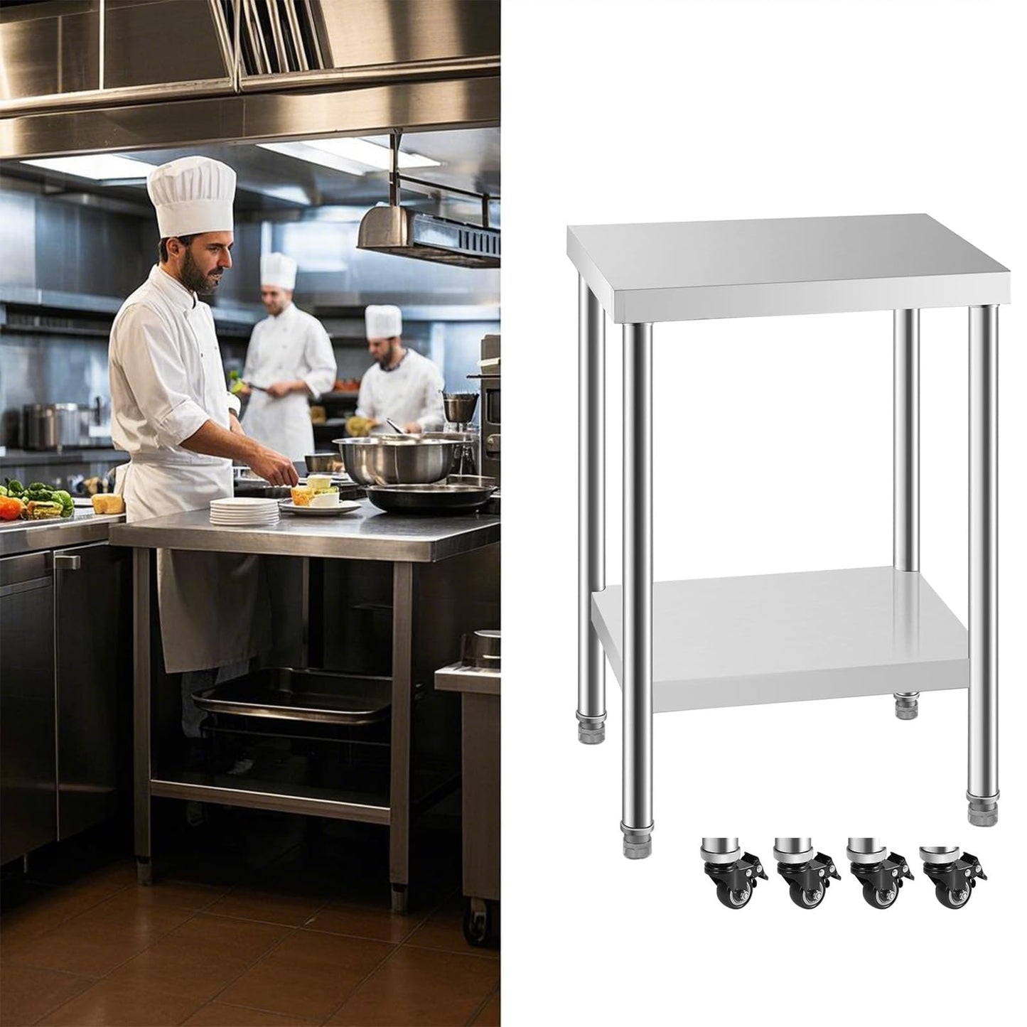 HXCFYP NSF Stainless Steel Table for Prep & Work with Caster 24x24 Inches, Metal Commercial Kitchen Table with Under Shelf and AdjustableTable Foot for Restaurant, Home and Hotel