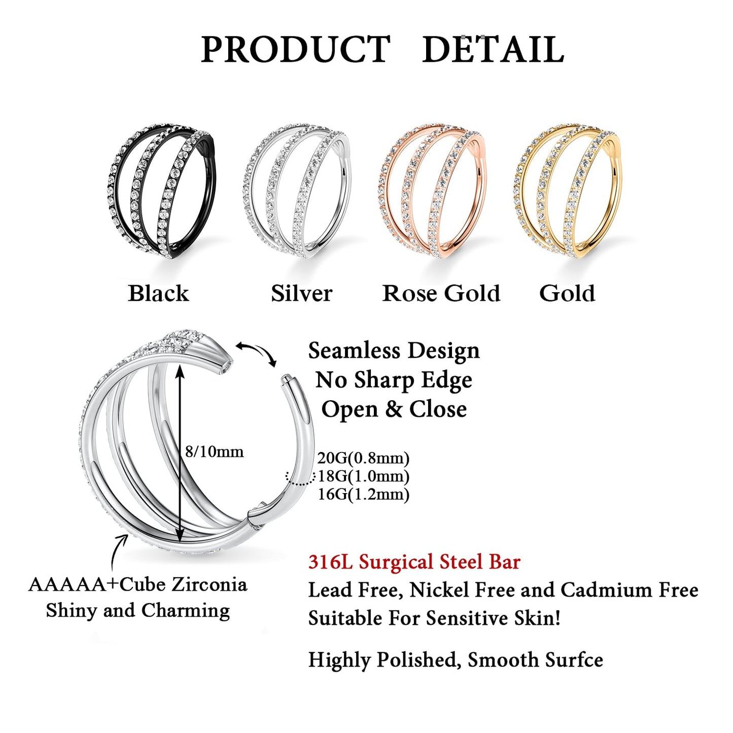 FUNLMO 16G CZ Conch Hoop Septum Jewelry Nose Lip Ring 8mm Conch Cartilage Earring Hoop Surgical Steel Conch Helix Rook Daith Ear