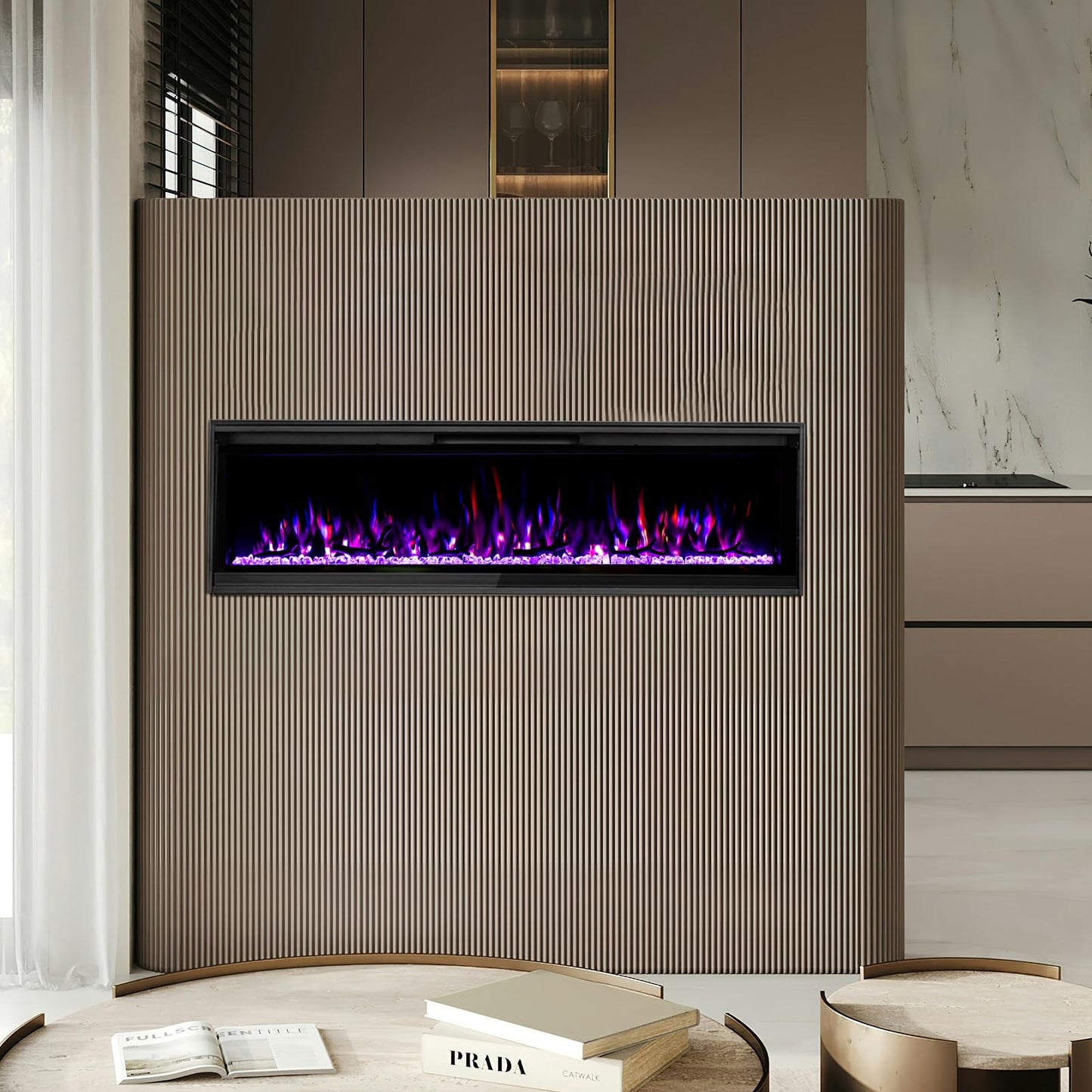 60 Insert Electric Fireplace, Fully Recessed or Wall Mounted, 4 Flame Colors, 4 Brightness Levels, Crystals,Log, Remote Control, 750-1500W.