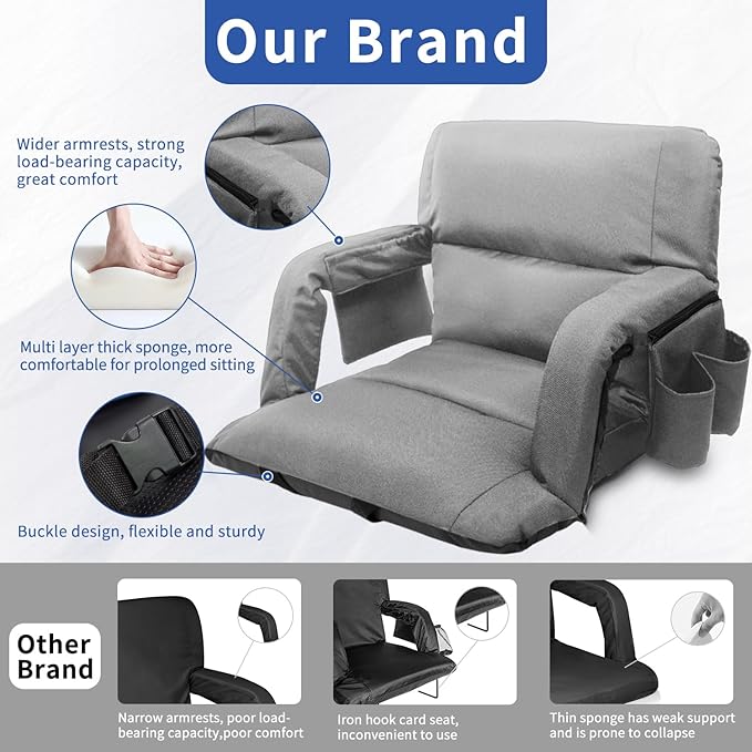 Stadium Seats with Back Support,Wide Stadium Chairs with Back and Cushion, Sofa Style Stadium Seats, 6 Reclining Positions, Extra Thick Bleacher Seat for Sports Events(Grey-1 Pack, Wide|25")