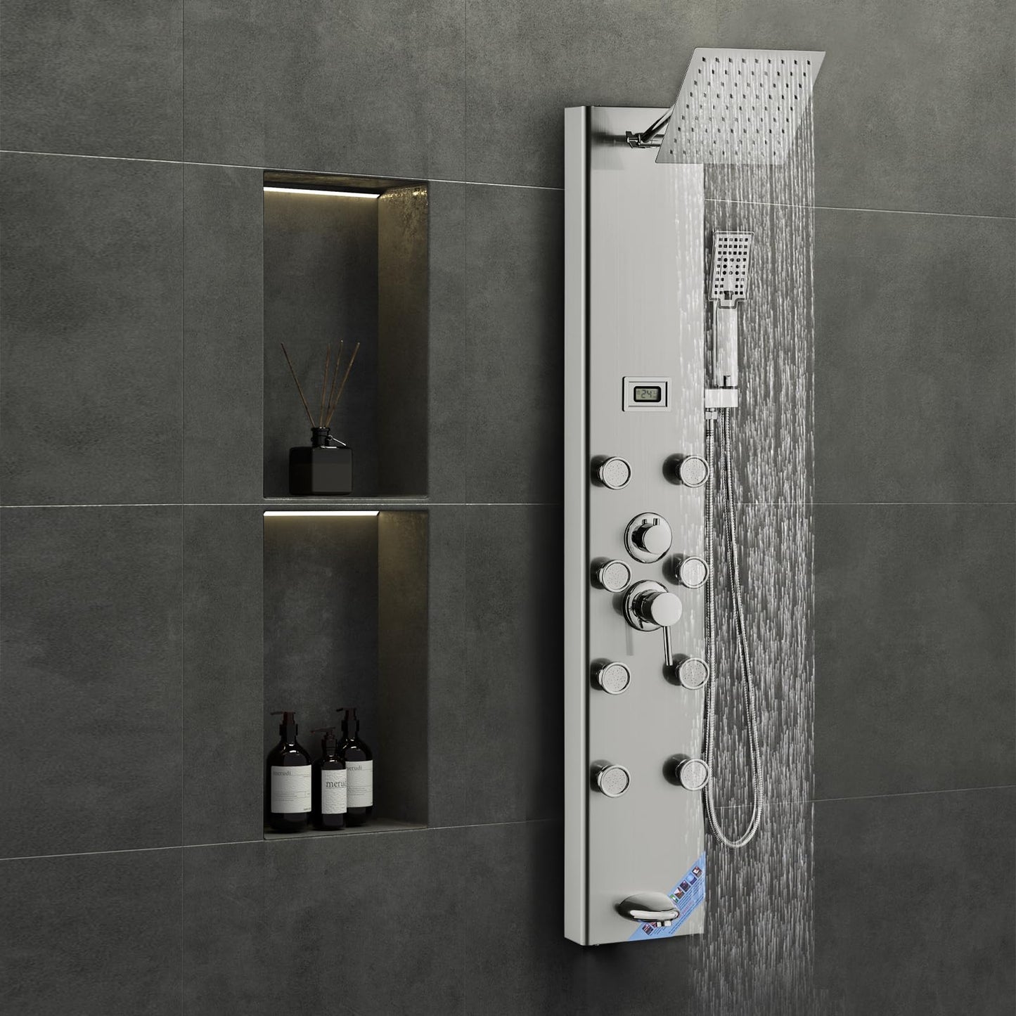 VEVOR Shower Panel Tower System, 5 Shower Modes, Digital Display Shower Panel, Rainfall, 8 Massage Jets, Tub Spout, 3-Setting Handheld Shower Head 59" Hose, Stainless Steel Wall-Mounted Shower Set