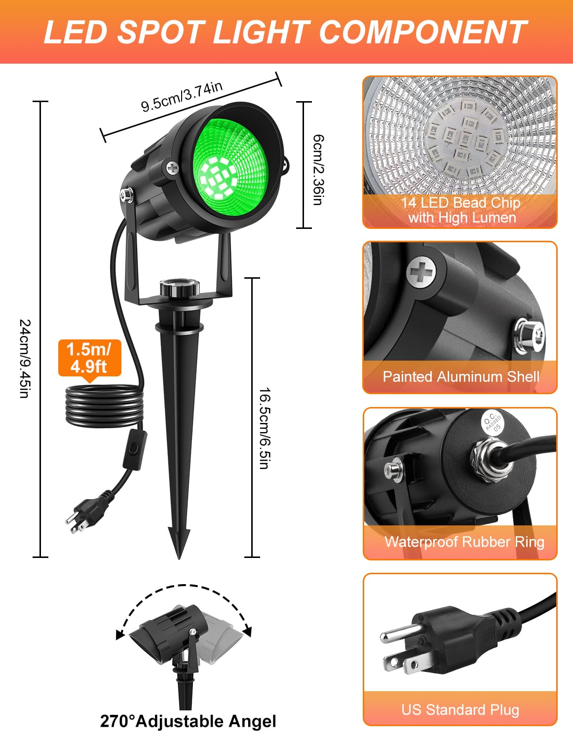 CREPOW Christmas Green LED Spot Lights Outdoor, 14 LED Landscape Lighting with US Plug, IP65 Waterproof Spotlights for Tree Yard Garden Pathway Halloween St. Patrick's Day Flag Decor 2 Pack